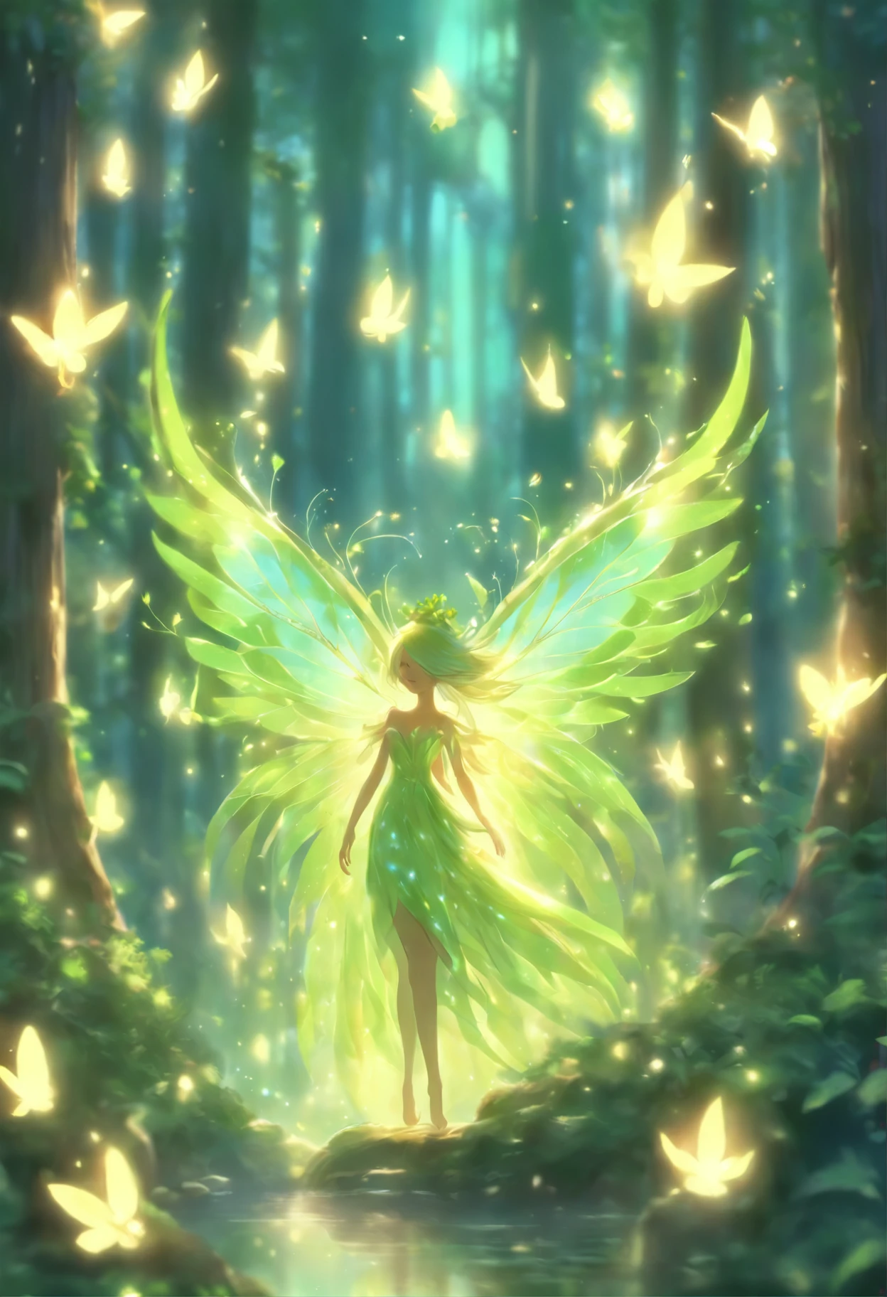 (best quality,4k,8k,highres,masterpiece:1.2),ultra-detailed,(realistic,photorealistic,photo-realistic:1.37),forest nymph elemental with glowing wings, made of leaves and nature,ethereal glow,pure,sublime,greenery,dreamy environment,magical enchantment,delicate and intricate leaf patterns,harmonious blending with surroundings,reflections of sunlight on wings,glimmering and radiant glow in the dark,serene and graceful posture,summoning the powers of nature,tiny sparkling dewdrops on wings,soft and gentle color palette,air of mystery and enchantment,subtle hints of magic in the air,whispering winds and rustling leaves,connection with trees and plants,strong connection with the forest,overflowing with natural energy,pristine beauty and innocence,evokes a sense of wonder and awe,graceful and fluid movement,natural and organic aesthetics,celestial and ethereal presence,rays of sunlight filtering through the forest canopy,fairy-like features,wise and ancient aura,enchanted and untamed forest realm,magic in every step and flutter,delicate and ephemeral,illuminating the darkest corners of the forest,close bond with animals and creatures of the forest,peaceful and tranquil atmosphere,deep sense of harmony between nature and the nymph,whispering secrets of the forest,each leaf intricately designed and vibrant with life,overwhelming sense of tranquility and serenity,sprightly and playful spirit.