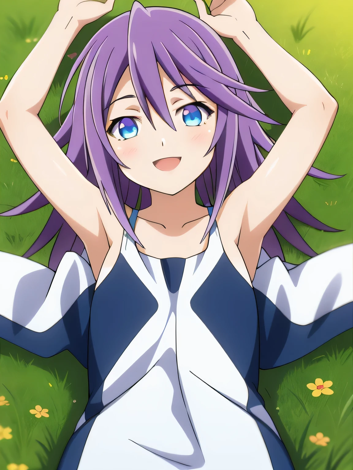 mizore_shirayuki ,1girl, solo, spread arms, smile, lying, on back, on grass, looking at viewer, solo, in the center, cowboy shot, high quality, arms up,