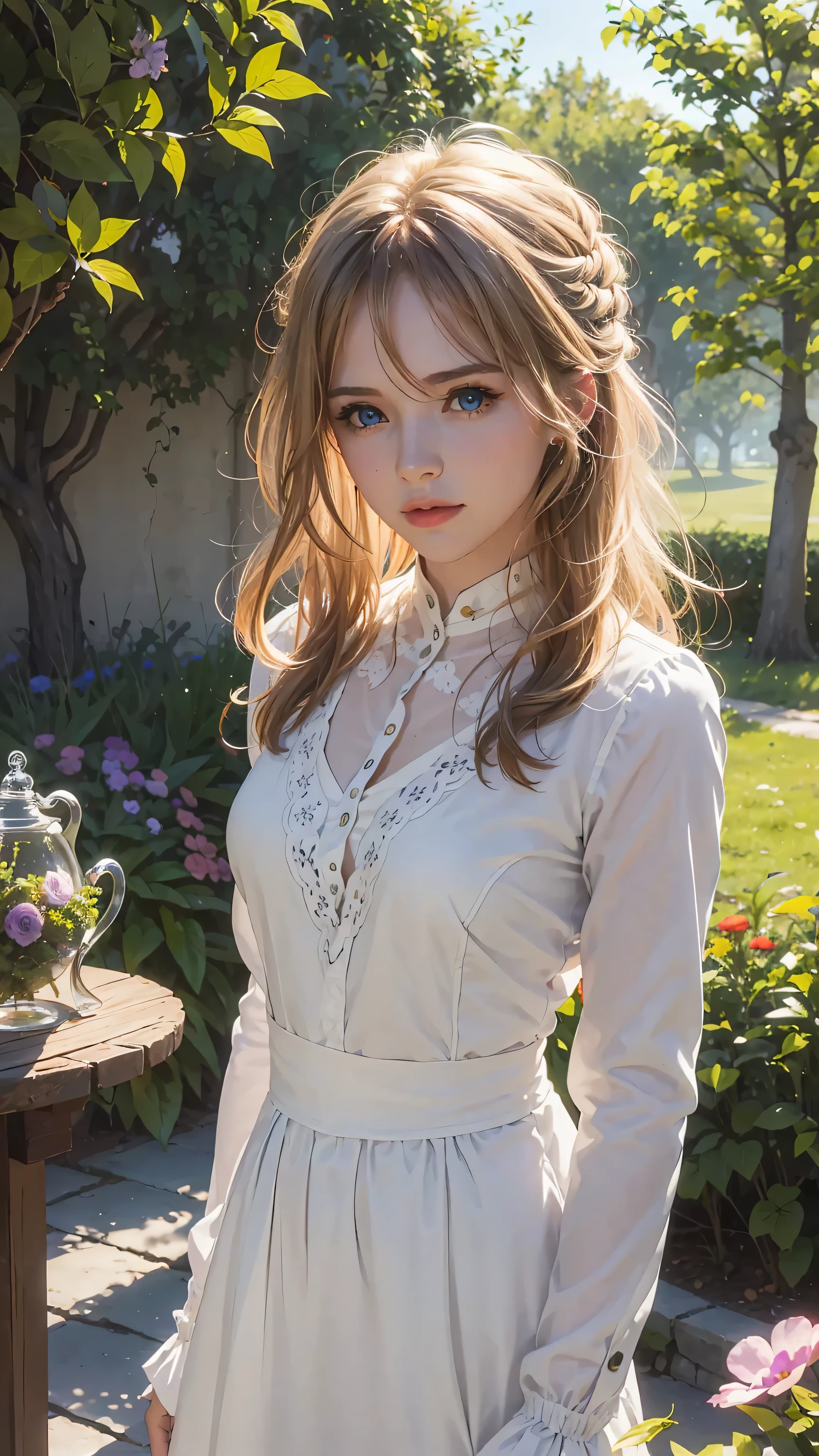 The tooltip for a given topic is as follows: "Girl with a European face, Aryan face, Violet, 1girll, Solo, view the viewer, Blue eyes, Blonde hair, (Best Quality, 4k, 8K, hight resolution, Masterpiece:1.2) Ultra-detailed features, including realistic, Photorealistic eyes and face. The image shows a medium (Insert Material) that resembles an illustration, oil painting, or 3D rendering. Girl in garden with bright flowers and sharp focus, soft studio lighting. The overall atmosphere is calm and serene, with a touch of unearthly beauty. The color scheme is dominated by shades of black, Creating a dreamy and surreal aesthetic.", Medium chest, slender body, unparalleled beauty sexy and very beautiful face,
