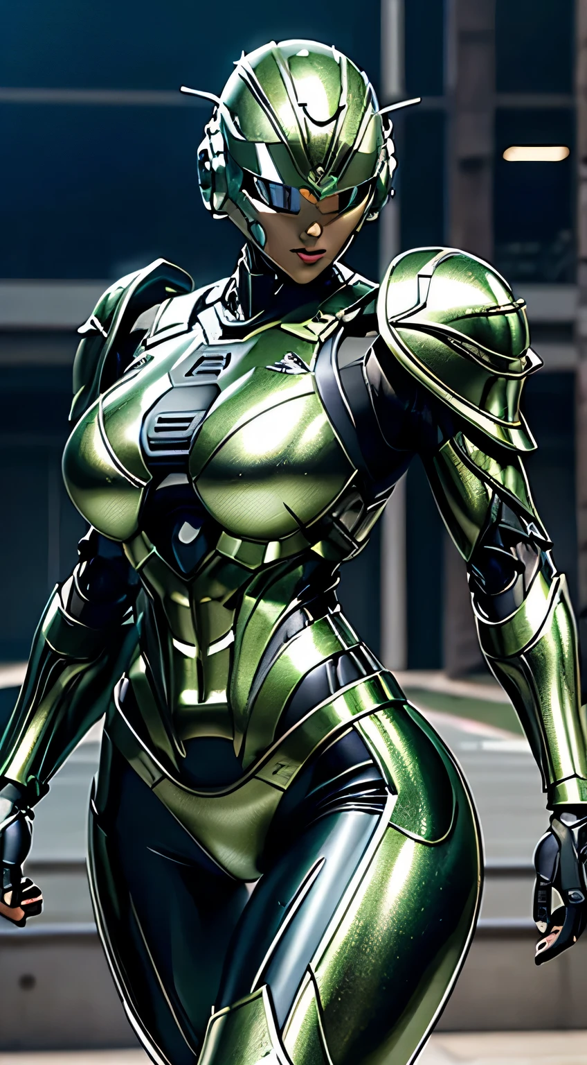 female robocop solo、bright outdoors、strong light source、8K, high quality, masterpiece, 最high quality、very detailed、Armor that completely covers the whole body、very large armor、Helmet covering the head、clear pictures、Eyes hidden by thin straight goggles:1.3、The lower half of the face is raw:1.5、The lower half of the face is exposed、luscious lips、Moss green and white metallic armor、Armor that completely covers the chest、thin and long legs、Vibrant posel body view,big and full breasts:1.5, (sports body:1.5)、five fingers、photos around town