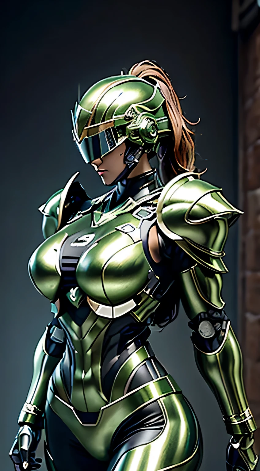 female robocop solo、bright outdoors、strong light source、8K, high quality, masterpiece, 最high quality、very detailed、Armor that completely covers the whole body、very large armor、Helmet covering the head、clear pictures、Eyes hidden by thin straight goggles:1.3、The lower half of the face is raw:1.5、The lower half of the face is exposed、luscious lips、Moss green and white metallic armor、Armor that completely covers the chest、thin and long legs、Vibrant posel body view,big and full breasts:1.5, (sports body:1.5)、five fingers、photos around town