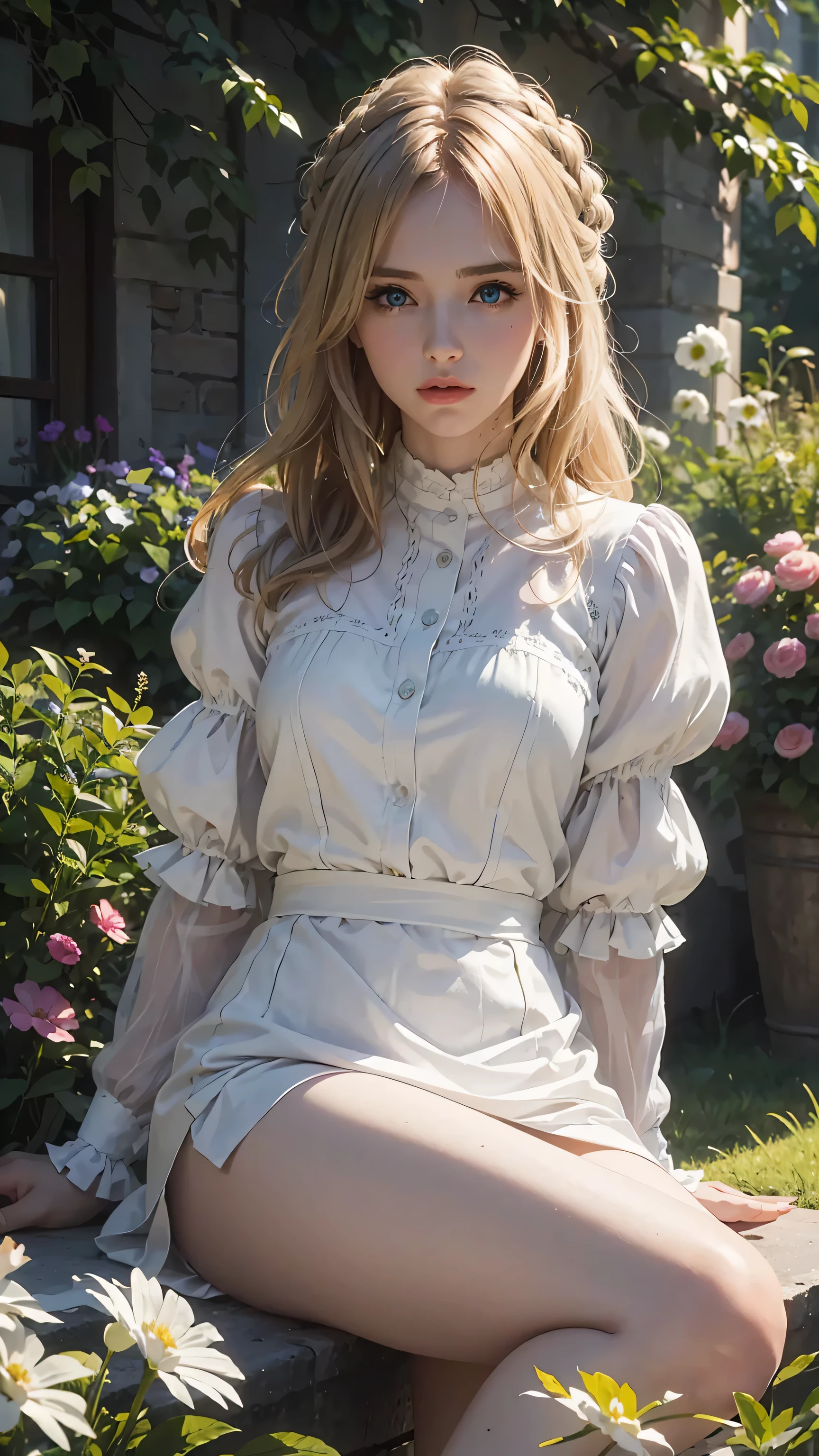 The tooltip for a given topic is as follows: "Girl with a European face, Aryan face, Violet, 1girll, Solo, view the viewer, Blue eyes, Blonde hair, (Best Quality, 4k, 8K, hight resolution, Masterpiece:1.2) Ultra-detailed features, including realistic, Photorealistic eyes and face. The image shows a medium (Insert Material) that resembles an illustration, oil painting, or 3D rendering. Girl in garden with bright flowers and sharp focus, soft studio lighting. The overall atmosphere is calm and serene, with a touch of unearthly beauty. The color scheme is dominated by shades of black, Creating a dreamy and surreal aesthetic.", Medium chest, slender body, unparalleled beauty sexy and very beautiful face,