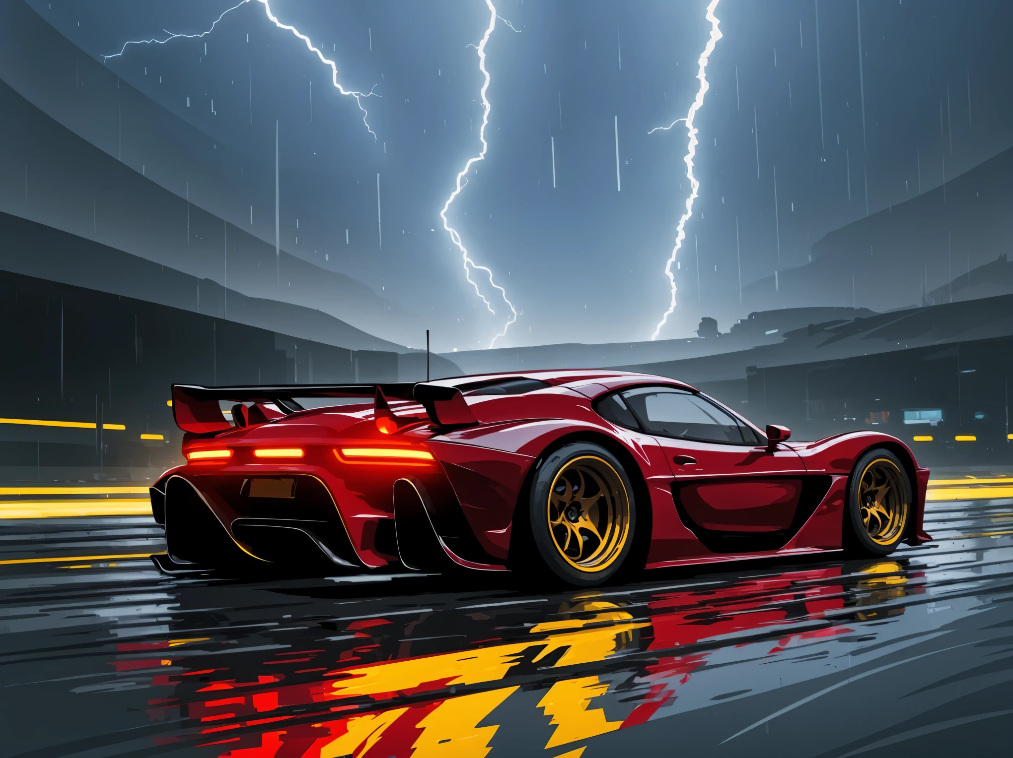 racing cars through wet roads, heavy rain, overcast, lightning, light trail, vector, vector art