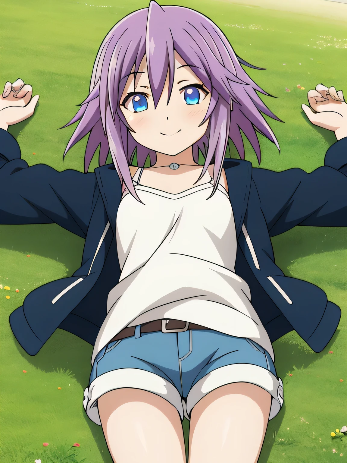 mizore_shirayuki ,1girl, solo, spread arms, smile, lying, on back, on grass, looking at viewer, solo, in the center, cowboy shot, high quality,