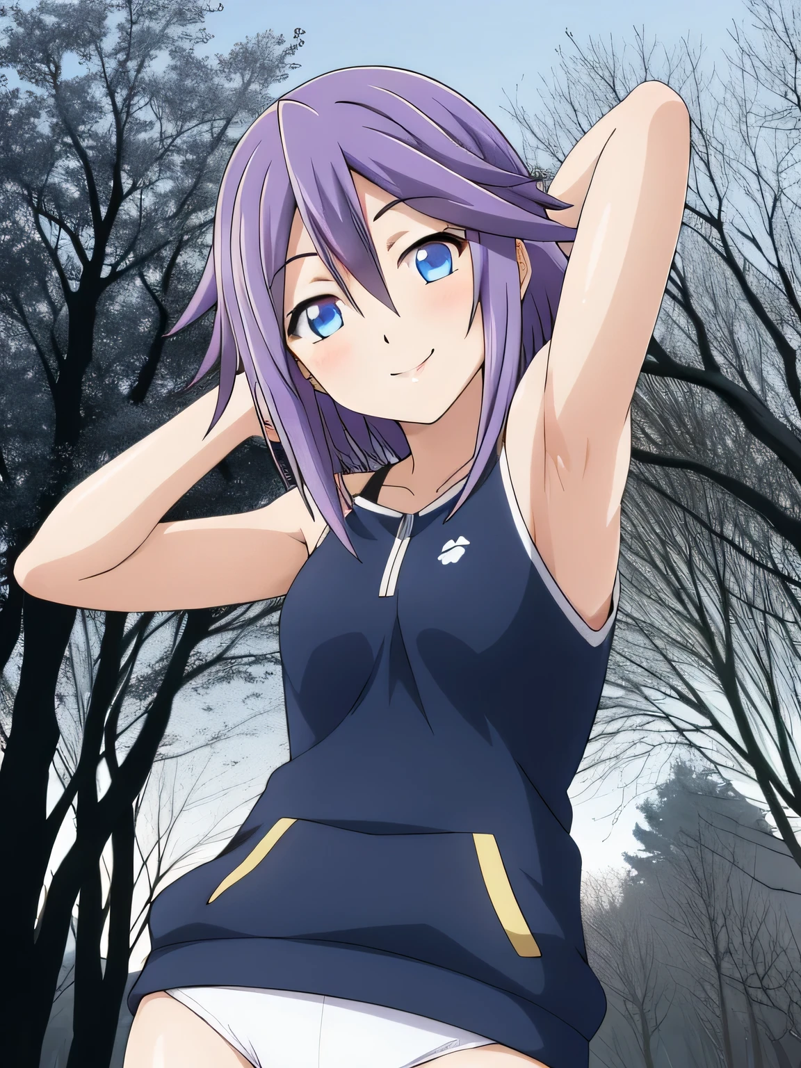 mizore_shirayuki ,1girl, solo, forest, dark sky, contrapposto, smile, spread armpits, cowboy shot, arms behind head, closed mouth, best quality,