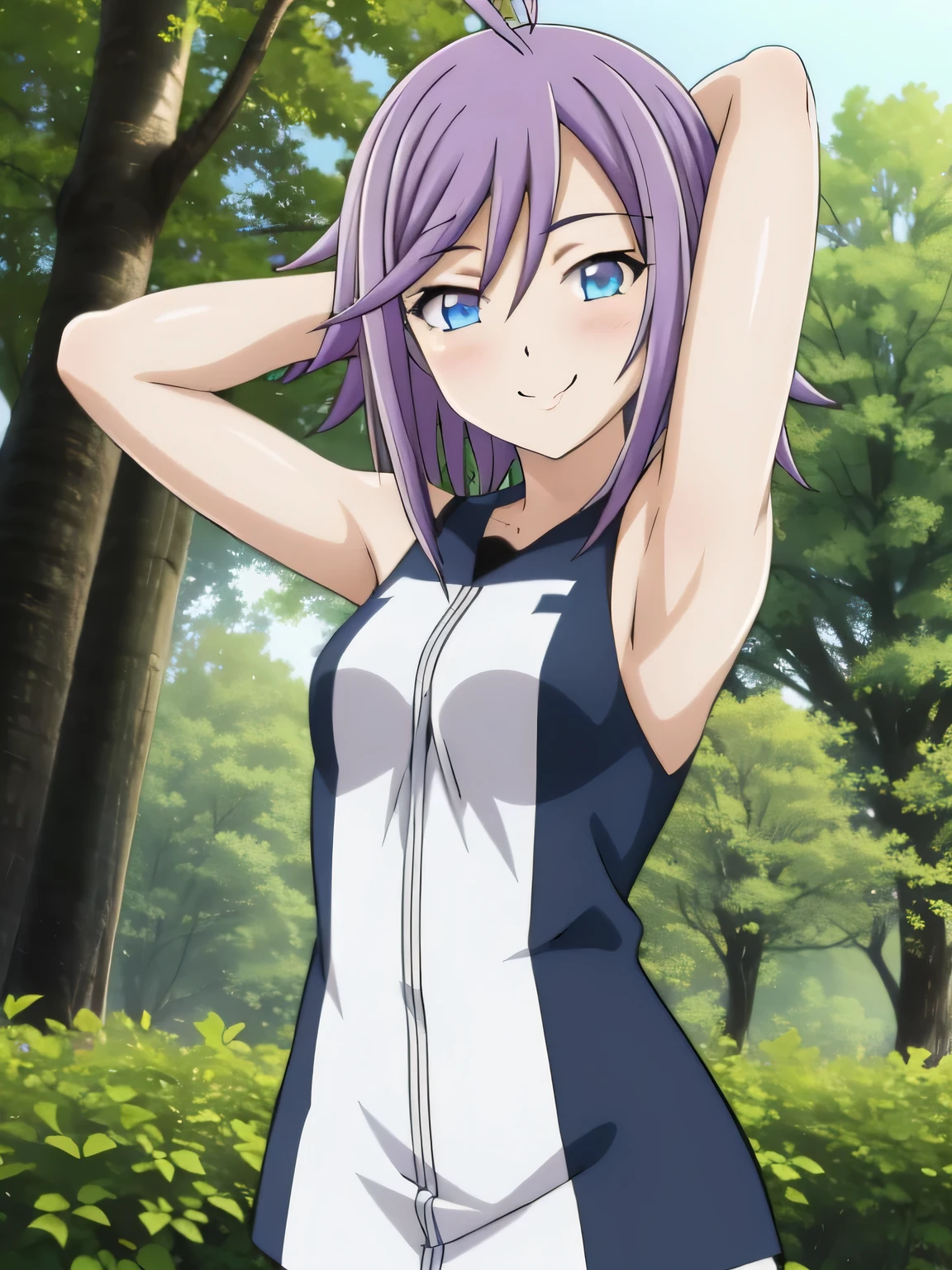 mizore_shirayuki ,1girl, solo, forest, dark sky, contrapposto, smile, spread armpits, cowboy shot, arms behind head, closed mouth, best quality,