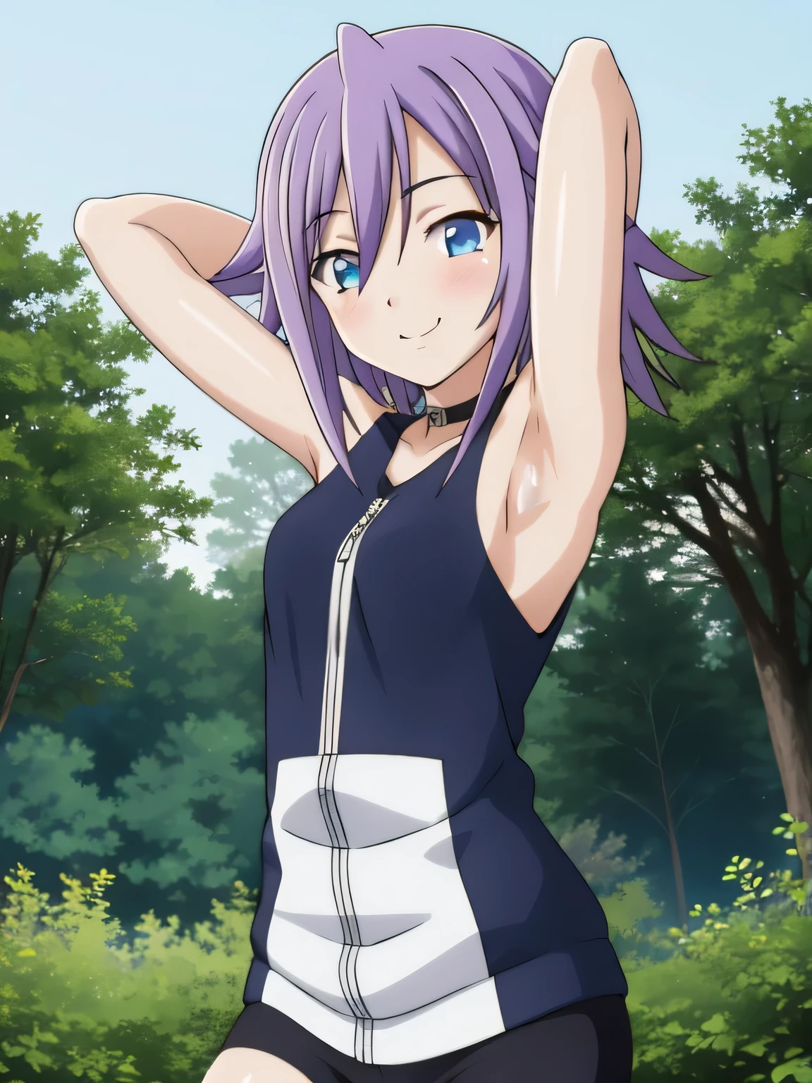 mizore_shirayuki ,1girl, solo, forest, dark sky, contrapposto, smile, spread armpits, cowboy shot, arms behind head, closed mouth, best quality,