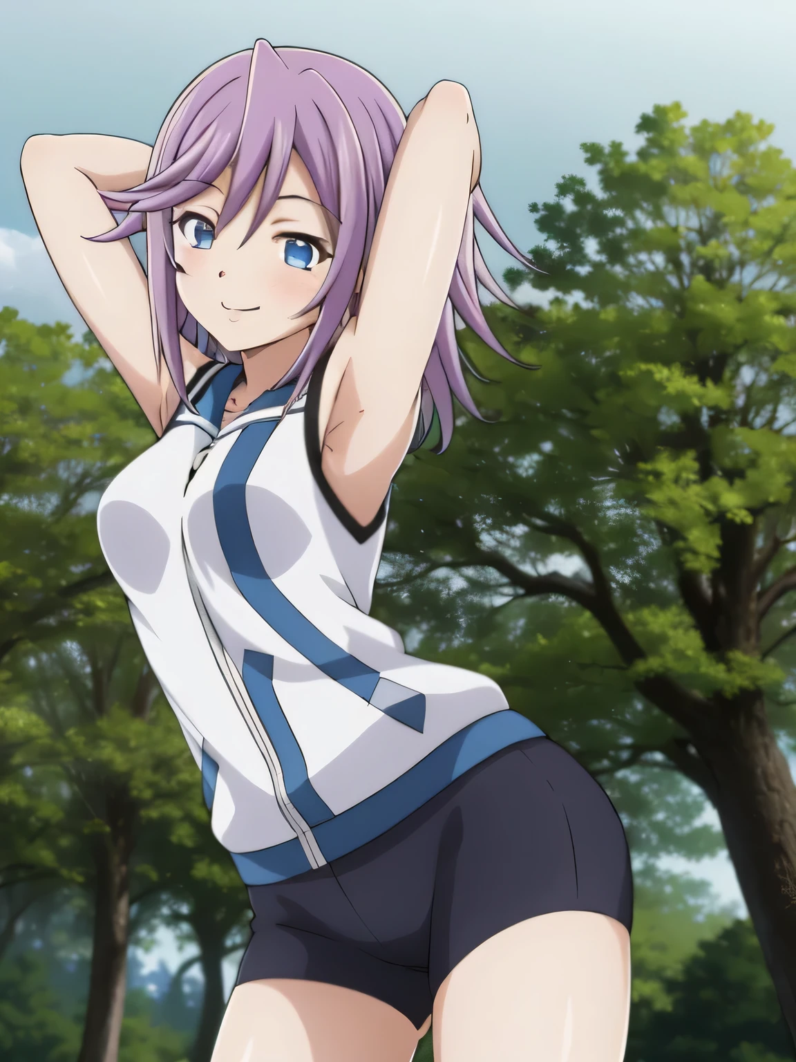 mizore_shirayuki ,1girl, solo, forest, dark sky, contrapposto, smile, spread armpits, cowboy shot, arms behind head, closed mouth, best quality,