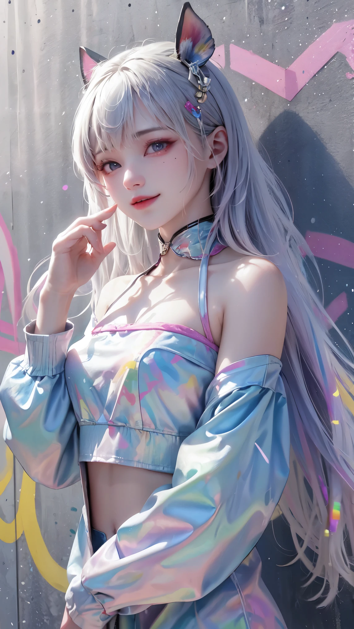 (best quality), masterpiece, Extremely detailed CG8K painting, high color, Extremely high color saturation, All colors are deepened, painting, graffiti art, central composition, Extremely detailed light and shadow, graffiti wall, The walls are painted bright colors, 1 girl graffiti 1 girl looking at the wall, The face and eyes are very detailed, medium length hair, sportswear, colorful clouds