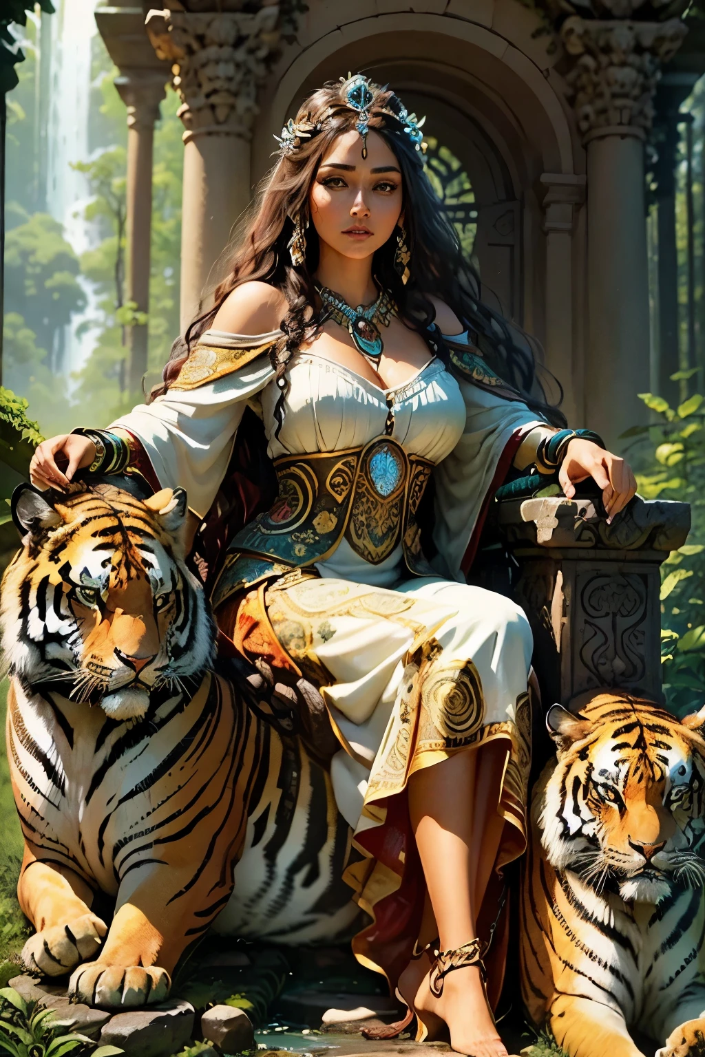 Content: A royal princess adorned in lavish attire, surrounded by fierce and majestic wild cats such as lions, panthers, leopards, and tigers
Medium: Studio photography with meticulous attention to detail and high-quality lighting techniques
Style: Fashion-forward and opulent, showcasing the intersection of regality and untamed beauty
Lighting: Intimate and dimmed lighting, creating an enchanting and alluring atmosphere
Composition: The princess is positioned at the center of the frame, exuding confidence and elegance, while the wild cats are strategically placed around her, capturing their power and grace. The intricate luxury interior enhances the sense of grandeur and sophistication. The overall composition evokes a sense of harmony between the princess and the wild beasts, highlighting their mutual respect and strength. The studio light accentuates the fine details of the princess's attire and the majestic features of the wild cats, creating a visually captivating and high-fashion aesthetic. This photography captures the essence of a powerful and captivating woman surrounded by untamed beauty.