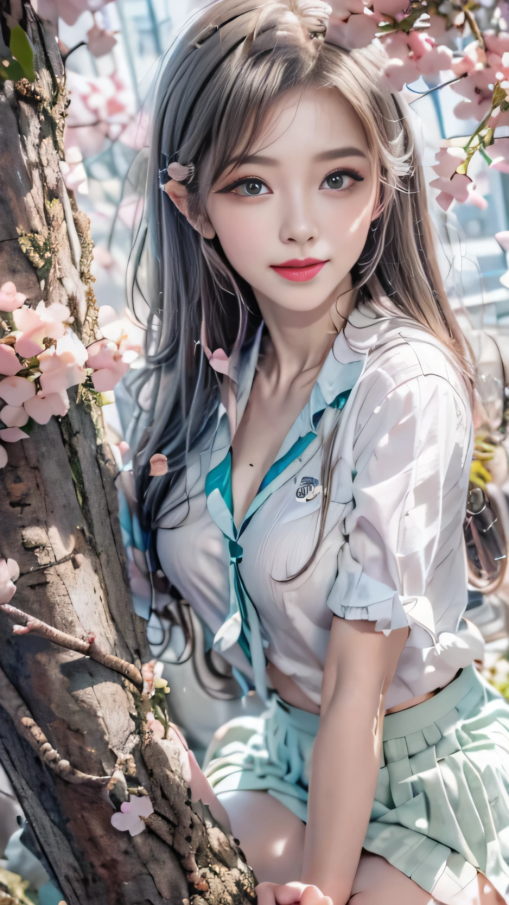 ((girl sitting on a row of cherry blossom trees)),top quality work,Real work,Ultra premium graphics,8K HD CG作品,high quality graphics,High-definition CG works,10x pixels,super fine details:1.1,Advanced technical details:1.1Photo-realistic,indoor lighting effects:1.5,Natural light:1.5. light effect(virtual light effect:1.8),超A high resolution,shiny red dress,長いsilver hair,silver hair,transparent hair,high detail hair(premium hair detail:1.1)clear eyes,beautiful double eyelids,sharp eye makeup, delicate eyelash makeup, thin eyebrows, highly detailed eyes,high nose, nice red lips, rose cheeks, A face with delicate makeup , cute face, perfectly proportioned face,(Advanced facial details:1.1),shiny,wonderful dress,bright red series,(white blazer) 、(white blouse)、(red bow tie)、(checked skirt)、(My skirt flies up in the wind)、white panties are visible、girls school uniform、photo shoot,woman'artwork of,full body figure,realism,wonderful,My eyes are shining today、(smile),(Cherry blossom petals are dancing)、((In a blizzard of flowers))、(smile),