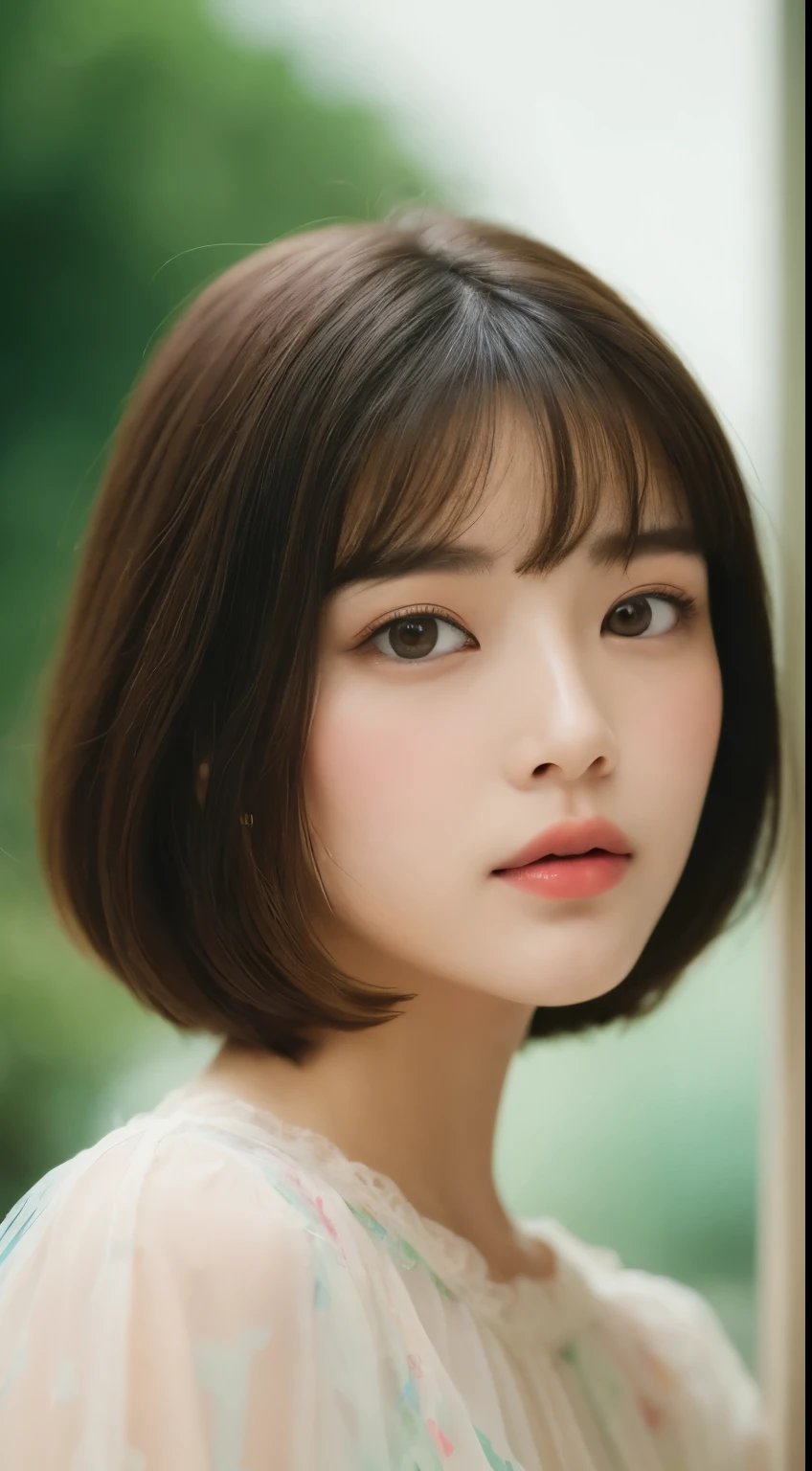 Best quality, masterpiece, 1 girl solo, a Japanese female model , Unique hair details, colorful translucent medium over blouse, detailed eyes, double eyelids, short bob hair, analog photography, 85mm f/1.8 YSM