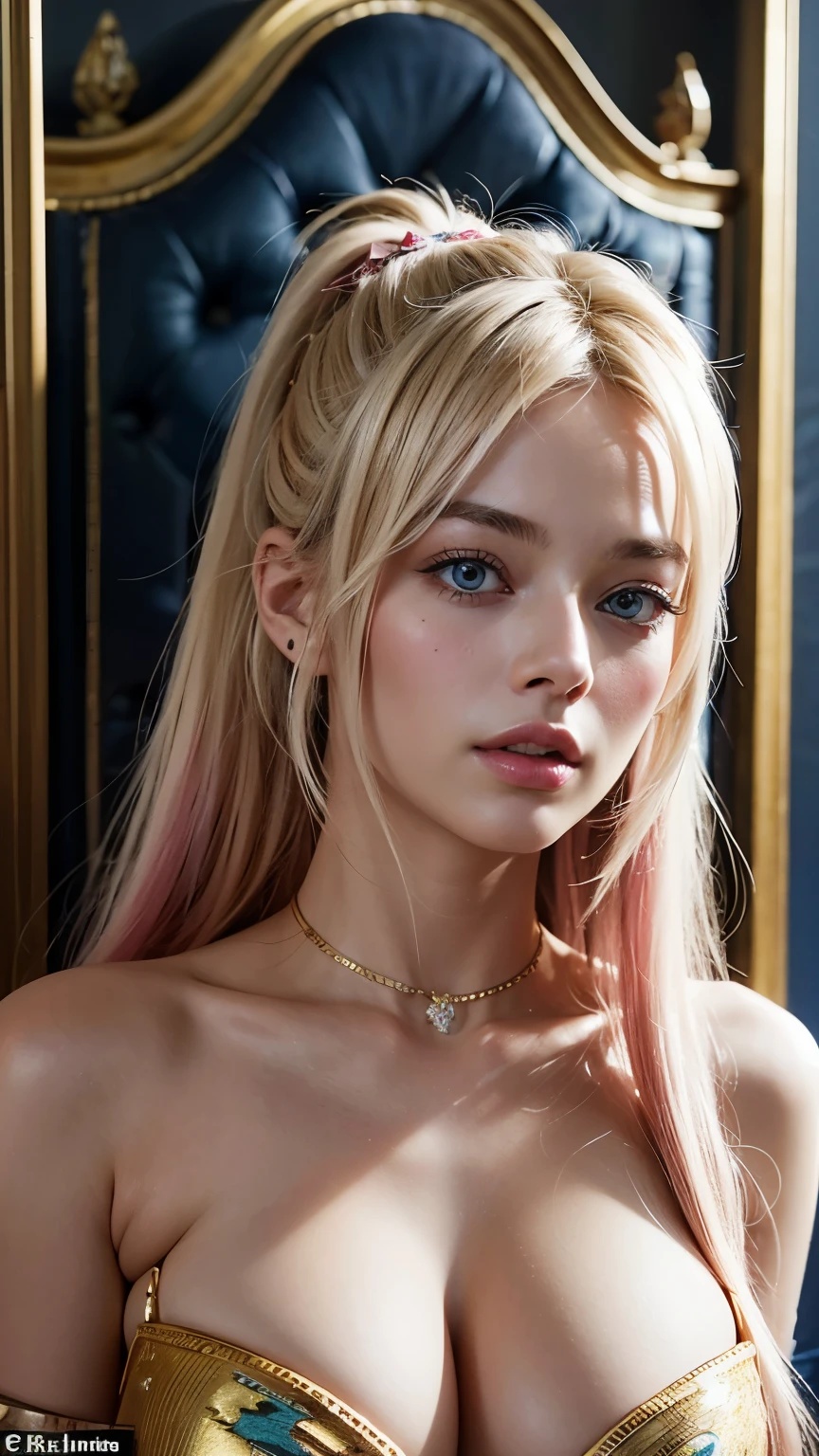 A woman in her 20s with blonde hair and a ponytail, featuring pink streaks. Her eyes are extremely detailed and captivating in blue colour. She bears a resemblance to Margot Robbie (with a strength of 0.7) and Abby Clancy (with a strength of 0.5). in ancient Egypt, Cleopatra in the gold throne room.