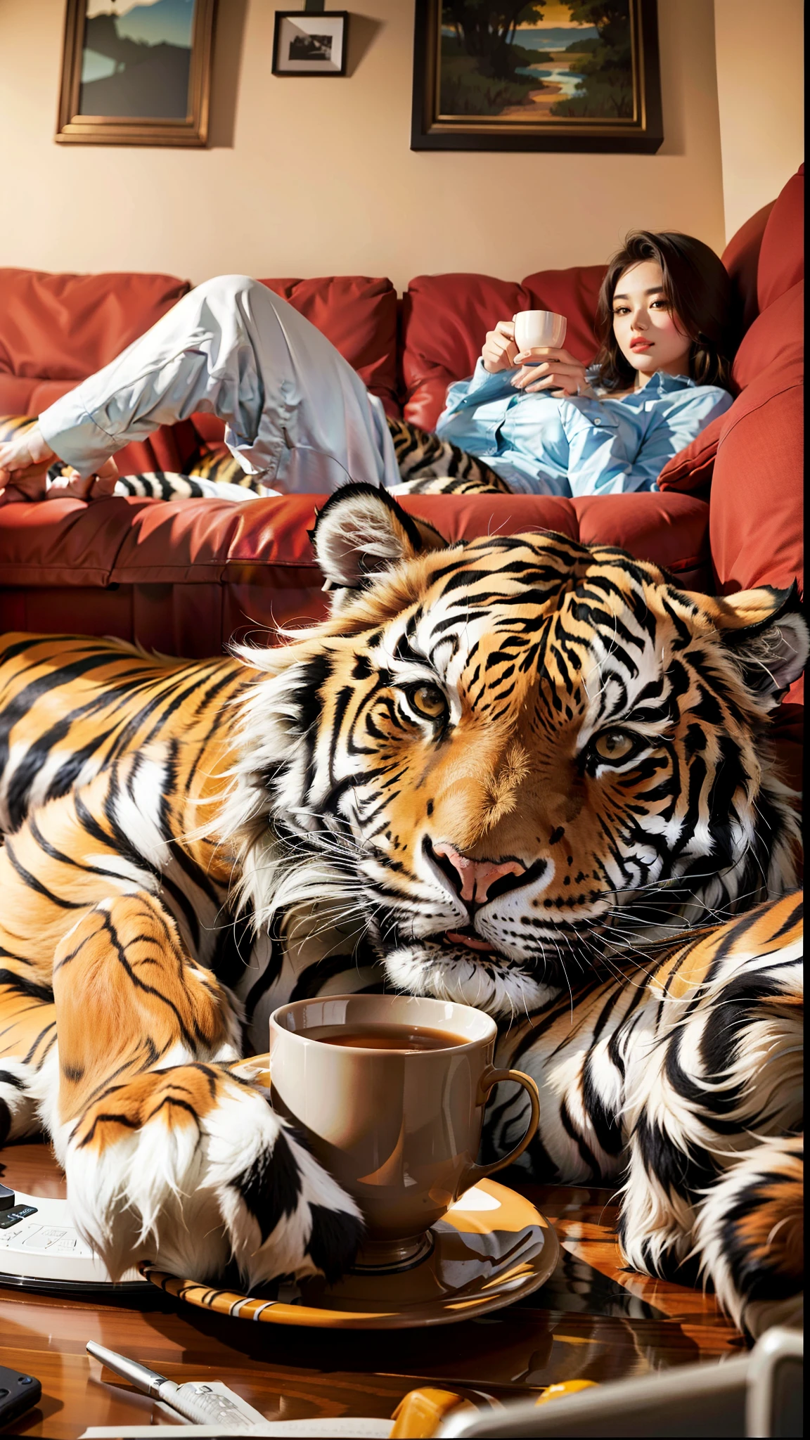 there is a tiger , and plump woman