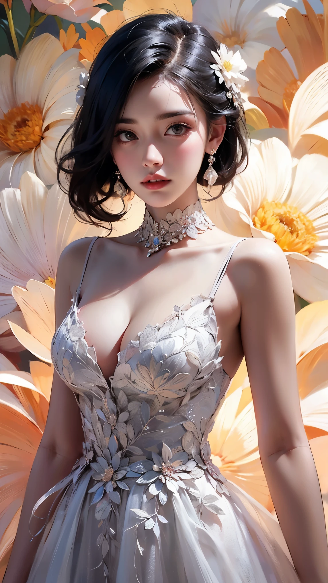 masutepiece, Best quality, (1womanl), Ultra-detailed, finedetail, A high resolution, 8K picture quality, hyper HD, Perfect dynamic composition, Beautiful detailed eyes,  Natural lips, Orange and white floral knitted dress, extra very short hair, abstract backgrounds, is shy, Diffused neon in the background,