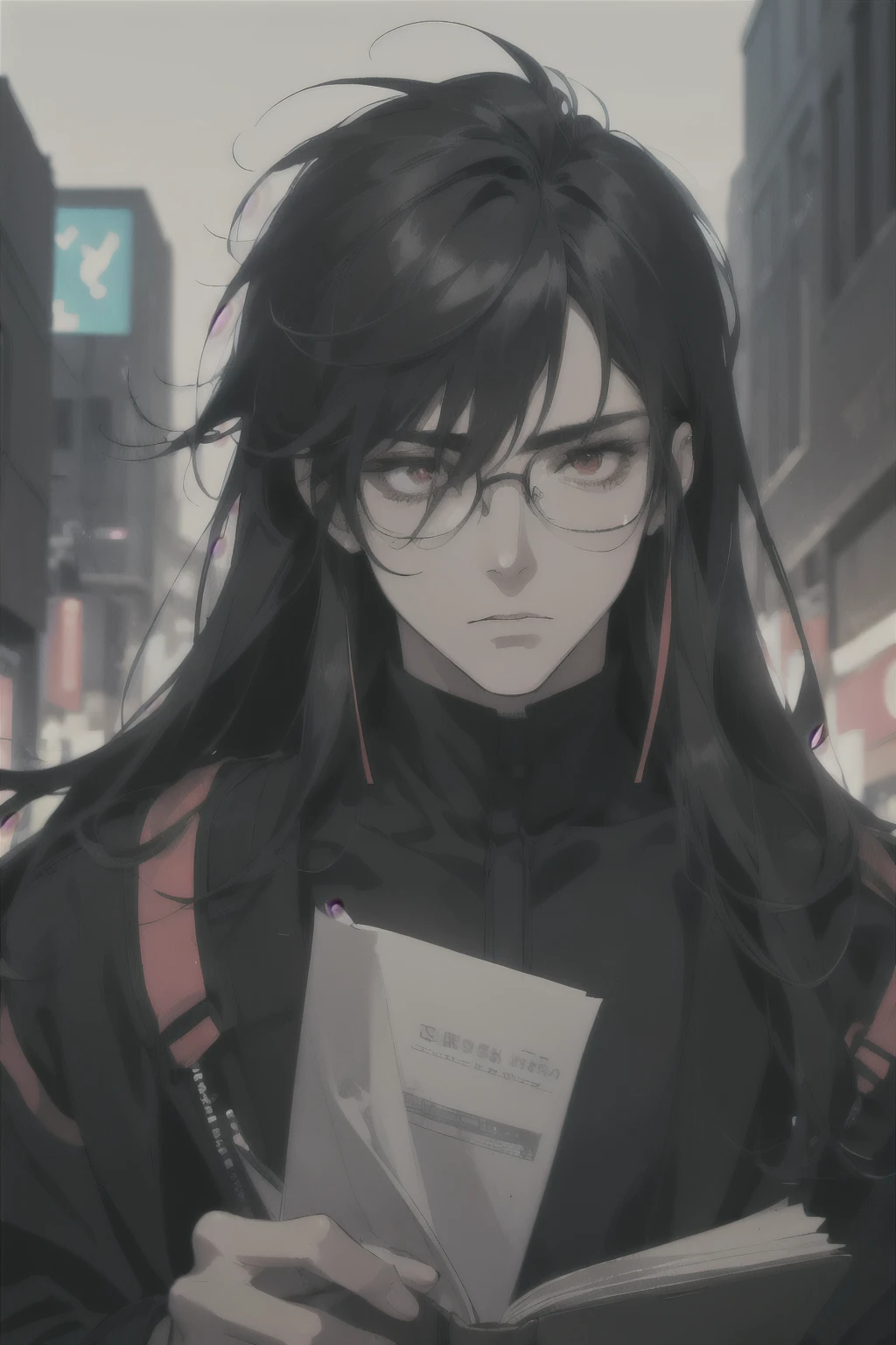 midjourney, ((best quality)), ((masterpiece)), (detailed), perfect face, 1male, handsome male, 30 to 40 years old, ((black hair, extra long hair, messy hair)), ((red eyes)), depth of field, glasses, dark circles under eyes, tired expression, cyberpunk aesthetic, vivid colors, [[[reading]]]