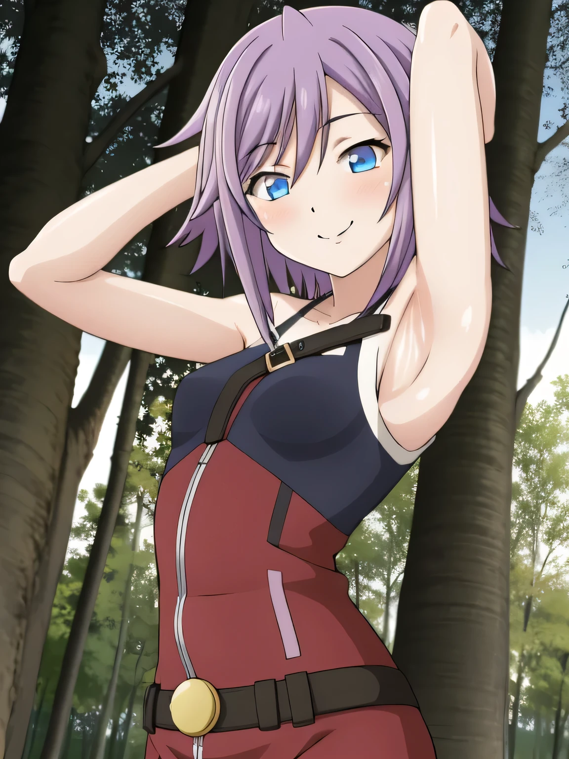 sazanaka walking away from the camera in a forest, wearing a pink top, wearing a black  hanging loincloth, purple hair, skirt lift. half of the ass is exposed,(((,  body)))(from behind), cowboy shot, standing upright,