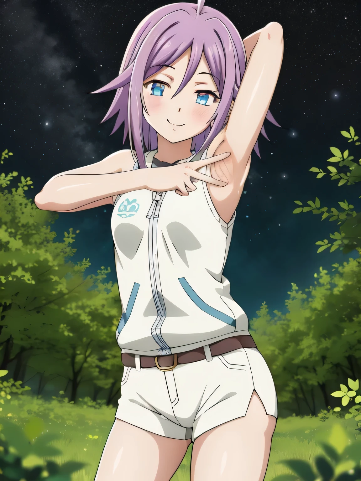 mizore_shirayuki ,1girl, solo, forest, dark sky, contrapposto, smile, spread armpits, cowboy shot, arms behind head, closed mouth, best quality,