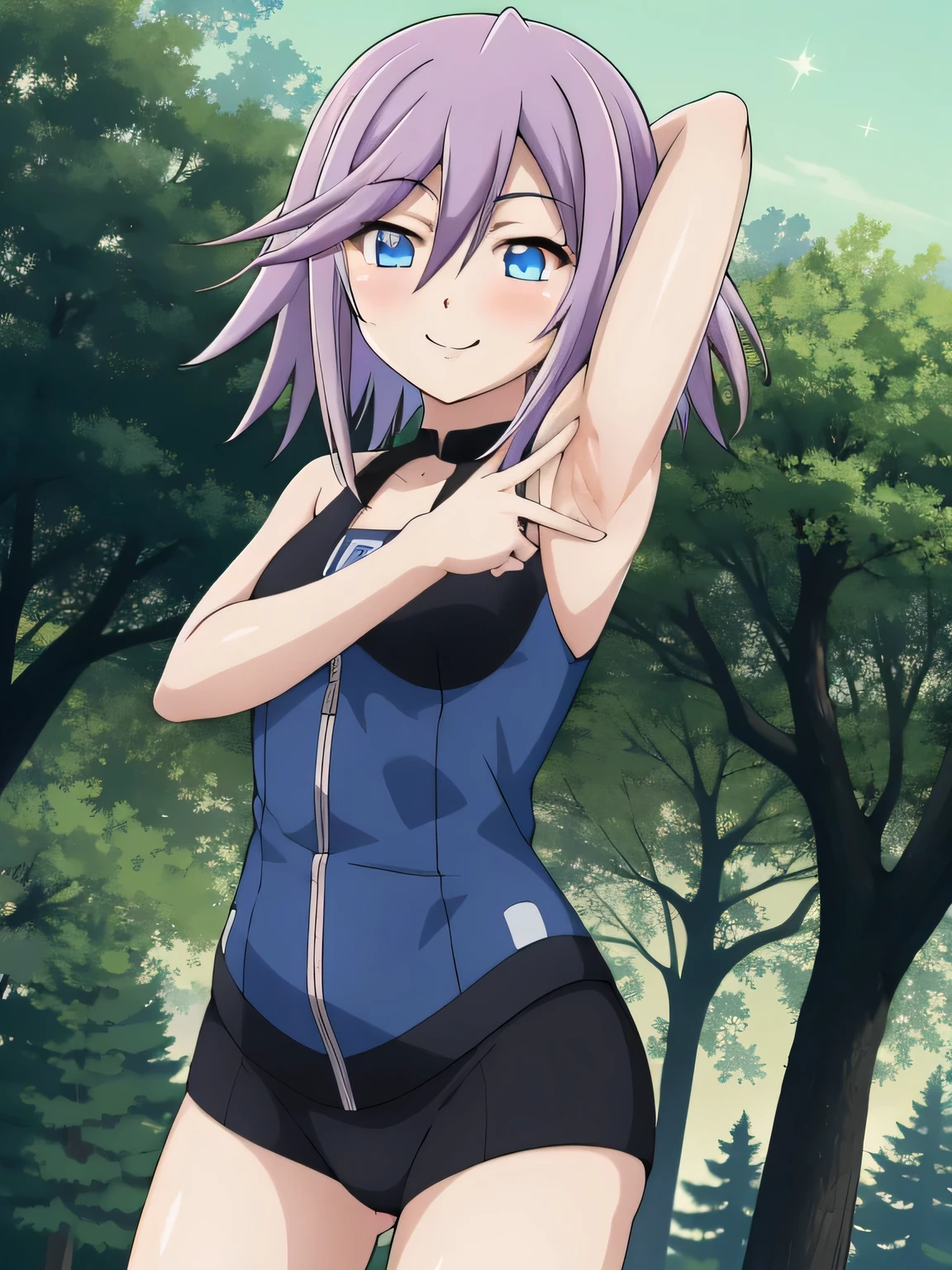 mizore_shirayuki ,1girl, solo, forest, dark sky, contrapposto, smile, spread armpits, cowboy shot, arms behind head, closed mouth, best quality,