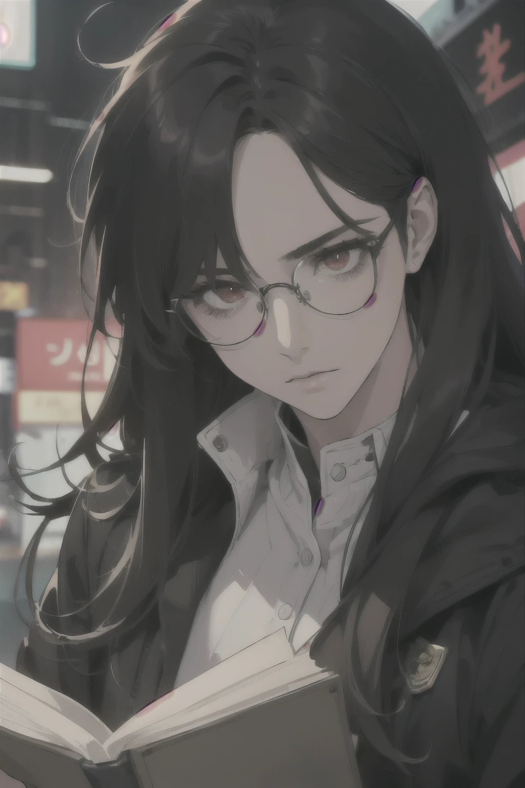 midjourney, ((best quality)), ((masterpiece)), (detailed), perfect face, 1male, handsome male, 30 to 40 years old, ((black hair, extra long hair, messy hair)), ((red eyes)), depth of field, glasses, dark circles under eyes, tired expression, cyberpunk aesthetic, vivid colors, [[[reading]]]