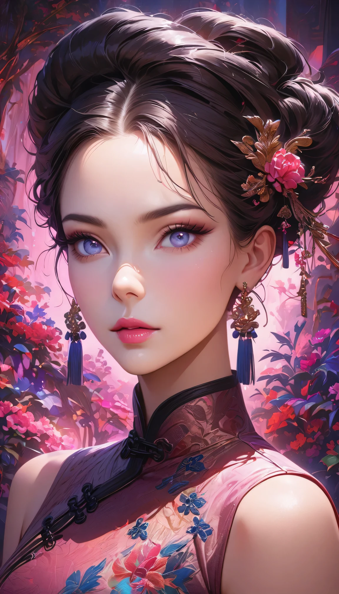 (best quality,4k,8k,highres,masterpiece:1.2),ultra-detailed,(realistic,photorealistic,photo-realistic:1.37),fashion magazine cover:3D Barbie doll wearing a Chinese cheongsam,illustration,high fashion,beautiful detailed eyes,beautiful detailed lips,long eyelashes,fabulous makeup,vibrant colors,pose,glamorous background,stylized lighting,editorial style,Chinese cultural elements,exquisite embroidery,detailed patterns,modern twist,feminine charm,sophisticated,futuristic,chic hairstyle,elaborate accessories,alluring,wearing stylish high heels,luxurious fabric,graceful movement,confident expression,ethereal ambiance,colorful composition,impeccable attention to detail,modern elegance,expressive eyes,dramatic lighting,seamless blending,artistic flair,rich textures,immaculate fashion sense,colored lights,sensual ambiance,bold fashion statement,portrait style,stylish composition