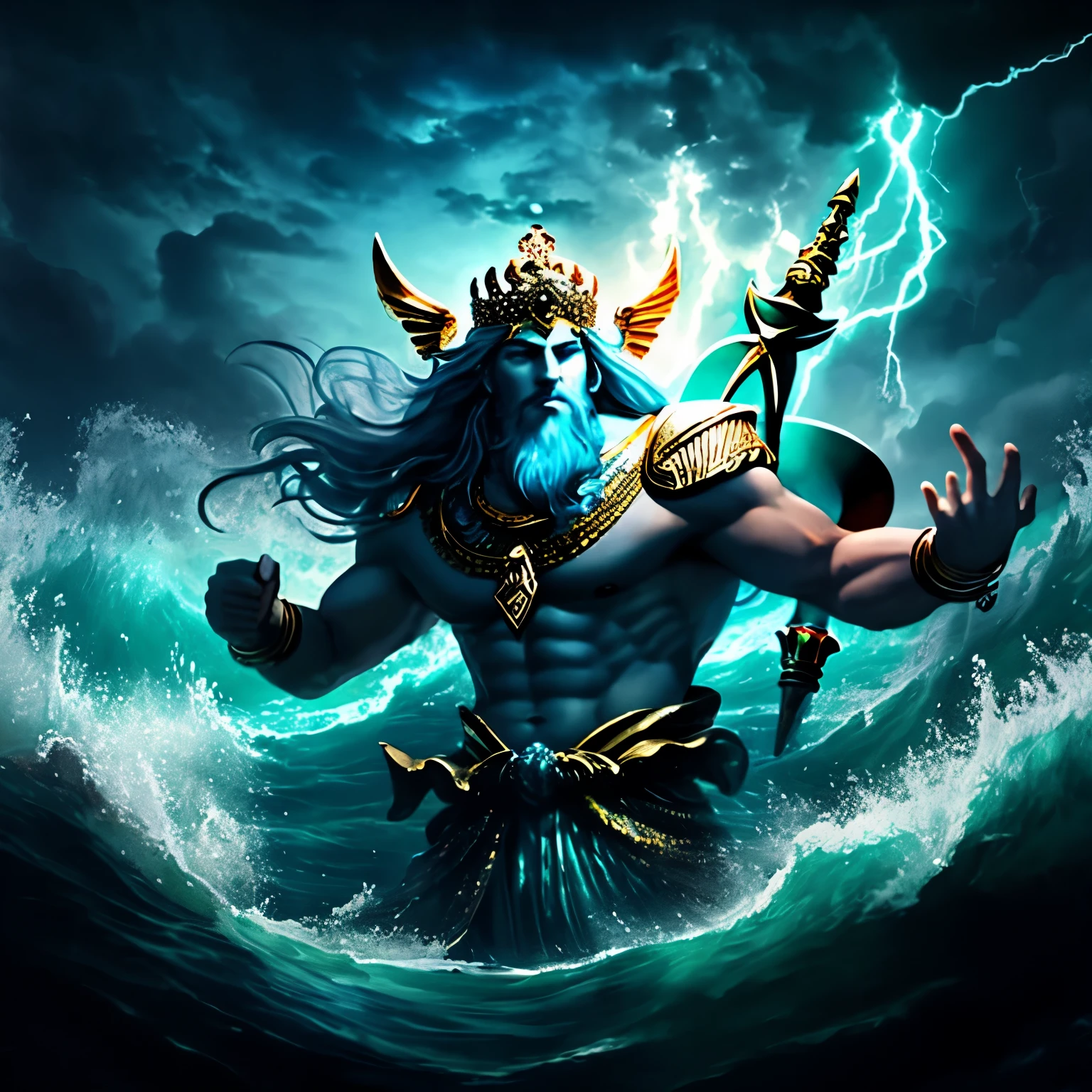 Close-up of a painting of a man with a crown on his head, the god poseidon, god of the sea, poseidon, god of the sea, as an Atlanteans, king of the sea, angry god zeus, holding his trident, Atlanteans, the god zeus, Digital painting of Greek mythology, god hades、The trident is lit by lightning
