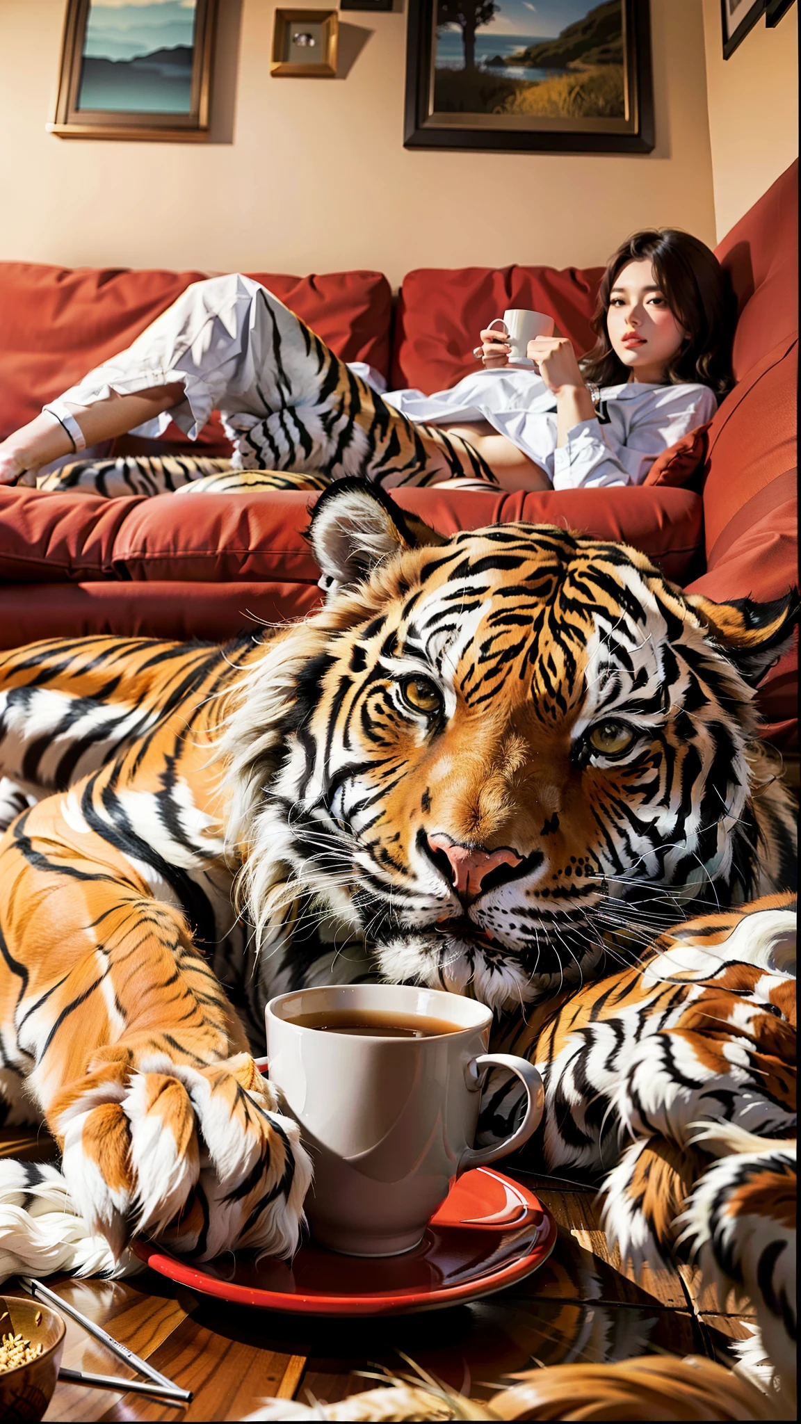 there is a tiger , and plump woman