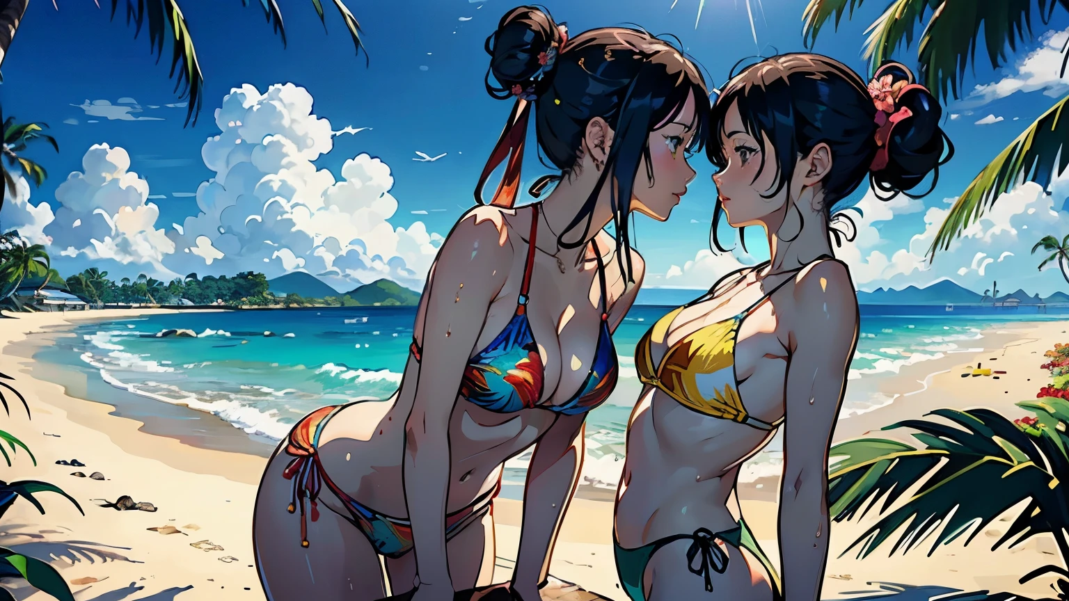 ((highest quality, masterpiece, High resolution))、beautiful japanese woman、((anime art))、 ((2 women))、18-year-old、(We are both good friends)、(two people kiss)、 (Detailed depiction of a beautiful face)、smile gently、realistic face、 small breasts、slim body shape、medium short hair、semi-long、bun hair、Wet see-through bikini、bikini swimwear、one piece swimsuit、Wrap your waist in fabric with bold ethnic patterns and plenty of primary colors.。.、realistic skin、Wet、whole body、(Beautiful tropical beach landscape photography)、cinematic light、tropical、(flowers on the beach)、Against the background of palm trees、on a sunny beach、With the sea in the background、squall、rainbow、blur background、