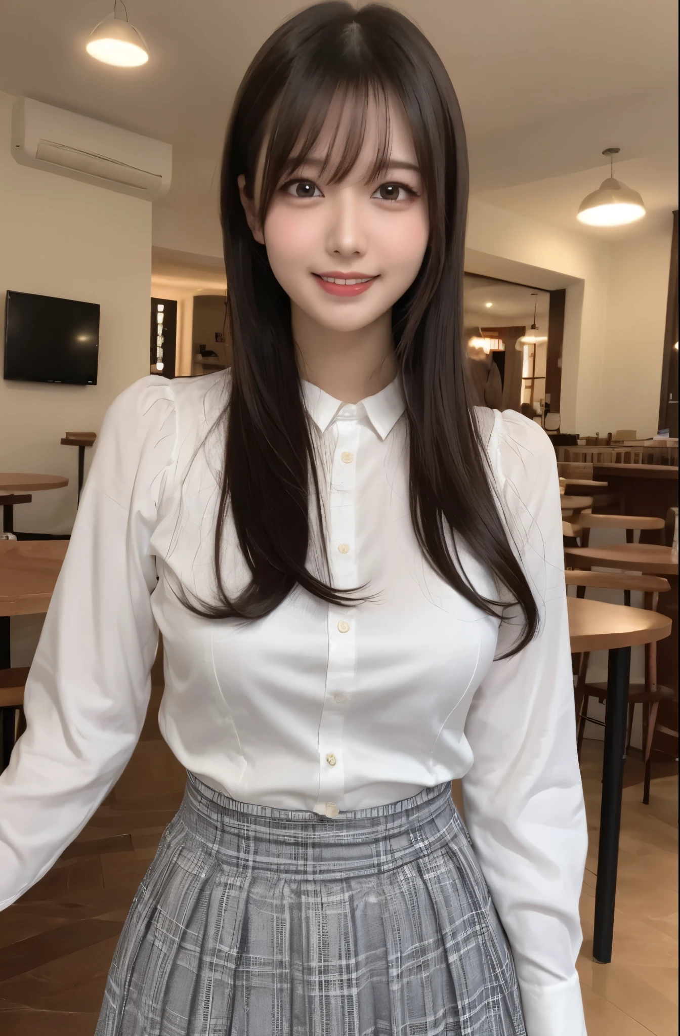 masutepiece, Best Quality, Illustration, Ultra-detailed, finely detail, hight resolution, 8K Wallpaper, Perfect dynamic composition, 1 beautiful girl, Beautiful detailed eyes, girly blouse, long skirt, Medium Hair, normal breasts, Natural Color Lip, Random Poses,Smile, open mouth:0.8, Snazzy cafe, 20 years girl