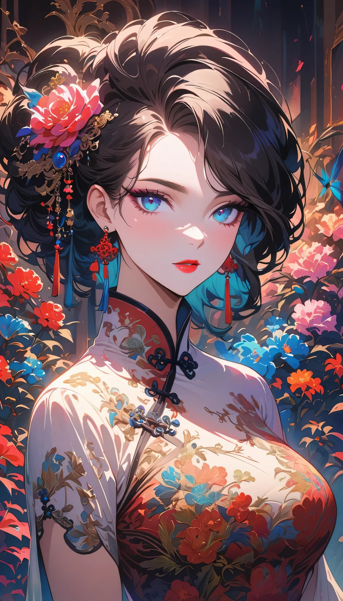 A sexy mature woman wearing a Chinese cheongsam,illustration,high fashion,beautiful detailed eyes,beautiful detailed lips,long eyelashes,fabulous makeup,vibrant colors,pose,glamorous background,stylized lighting,editorial style,Chinese cultural elements,exquisite embroidery,detailed patterns,modern twist,feminine charm,sophisticated,futuristic,chic hairstyle,elaborate accessories,alluring,wearing stylish high heels,luxurious fabric,graceful movement,confident expression,ethereal ambiance,colorful composition,impeccable attention to detail,modern elegance,expressive eyes,dramatic lighting,seamless blending,artistic flair,rich textures,immaculate fashion sense,colored lights,sensual ambiance,bold fashion statement,stylish composition