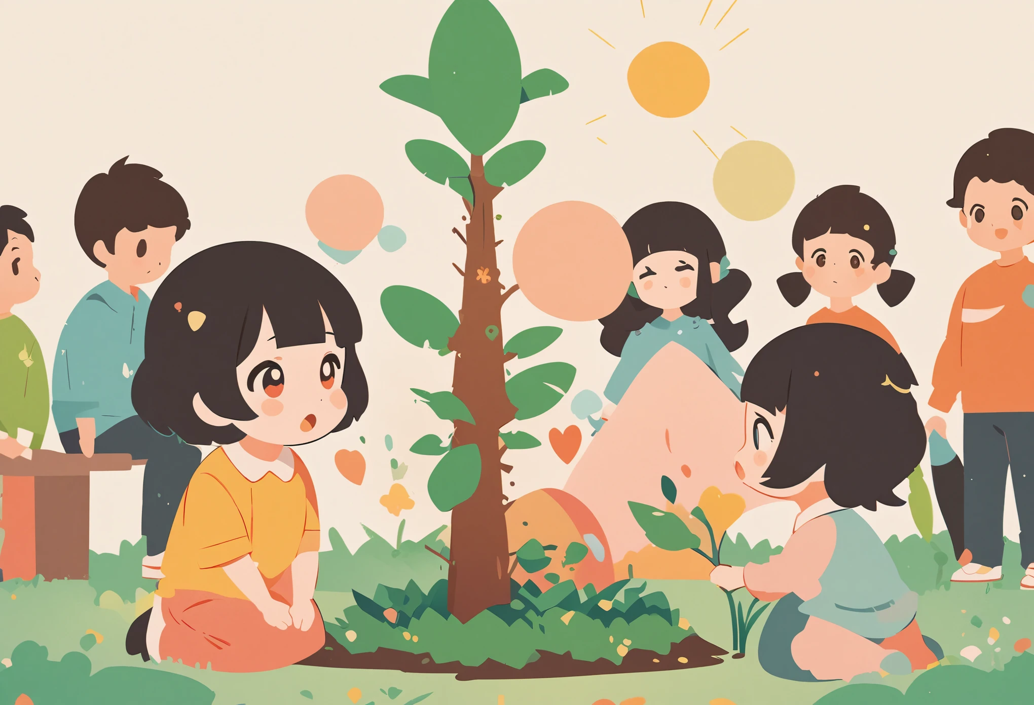 （（（Vector illustration））），Flat coating，（（Celluloid style）），（children illustration），*********** and boy planting tree，（（minimalist art）），8K，masterpiece，Rich details