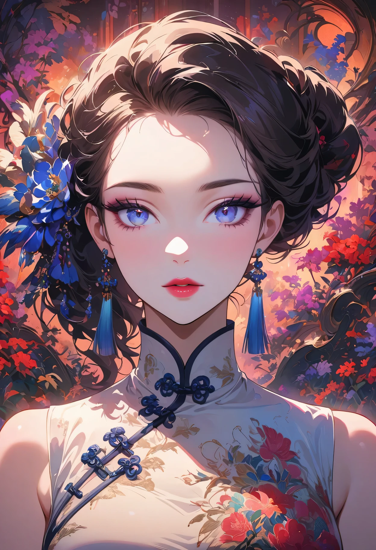 A sexy mature woman wearing a Chinese cheongsam,illustration,high fashion,beautiful detailed eyes,beautiful detailed lips,long eyelashes,fabulous makeup,vibrant colors,pose,glamorous background,stylized lighting,editorial style,Chinese cultural elements,exquisite embroidery,detailed patterns,modern twist,feminine charm,sophisticated,futuristic,chic hairstyle,elaborate accessories,alluring,luxurious fabric,graceful movement,confident expression,ethereal ambiance,colorful composition,impeccable attention to detail,modern elegance,expressive eyes,dramatic lighting,seamless blending,artistic flair,rich textures,immaculate fashion sense,colored lights,sensual ambiance,bold fashion statement,portrait style,stylish composition