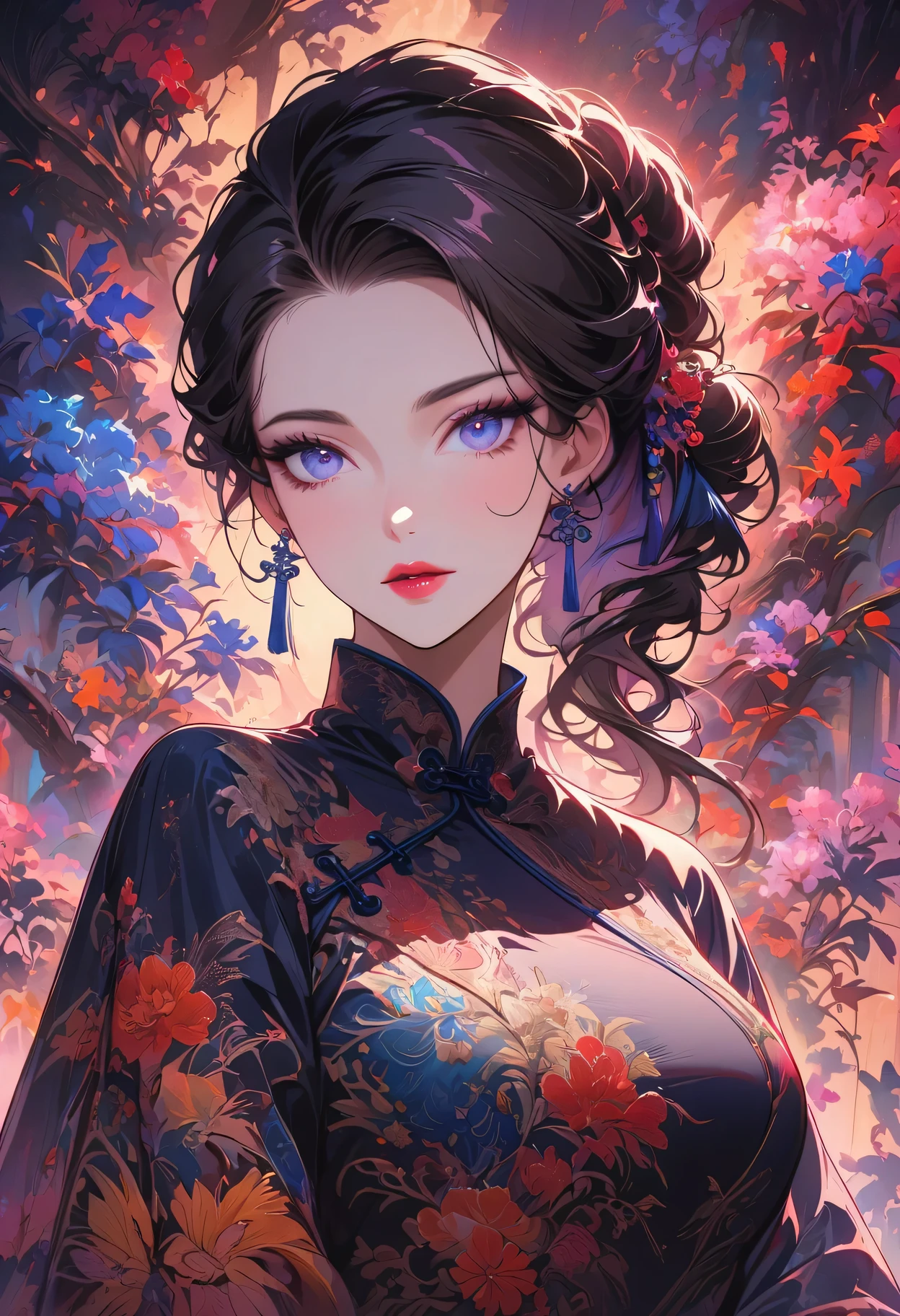 A sexy mature woman wearing a Chinese cheongsam,illustration,high fashion,beautiful detailed eyes,beautiful detailed lips,long eyelashes,fabulous makeup,vibrant colors,pose,glamorous background,stylized lighting,editorial style,Chinese cultural elements,exquisite embroidery,detailed patterns,modern twist,feminine charm,sophisticated,futuristic,chic hairstyle,elaborate accessories,alluring,luxurious fabric,graceful movement,confident expression,ethereal ambiance,colorful composition,impeccable attention to detail,modern elegance,expressive eyes,dramatic lighting,seamless blending,artistic flair,rich textures,immaculate fashion sense,colored lights,sensual ambiance,bold fashion statement,portrait style,stylish composition