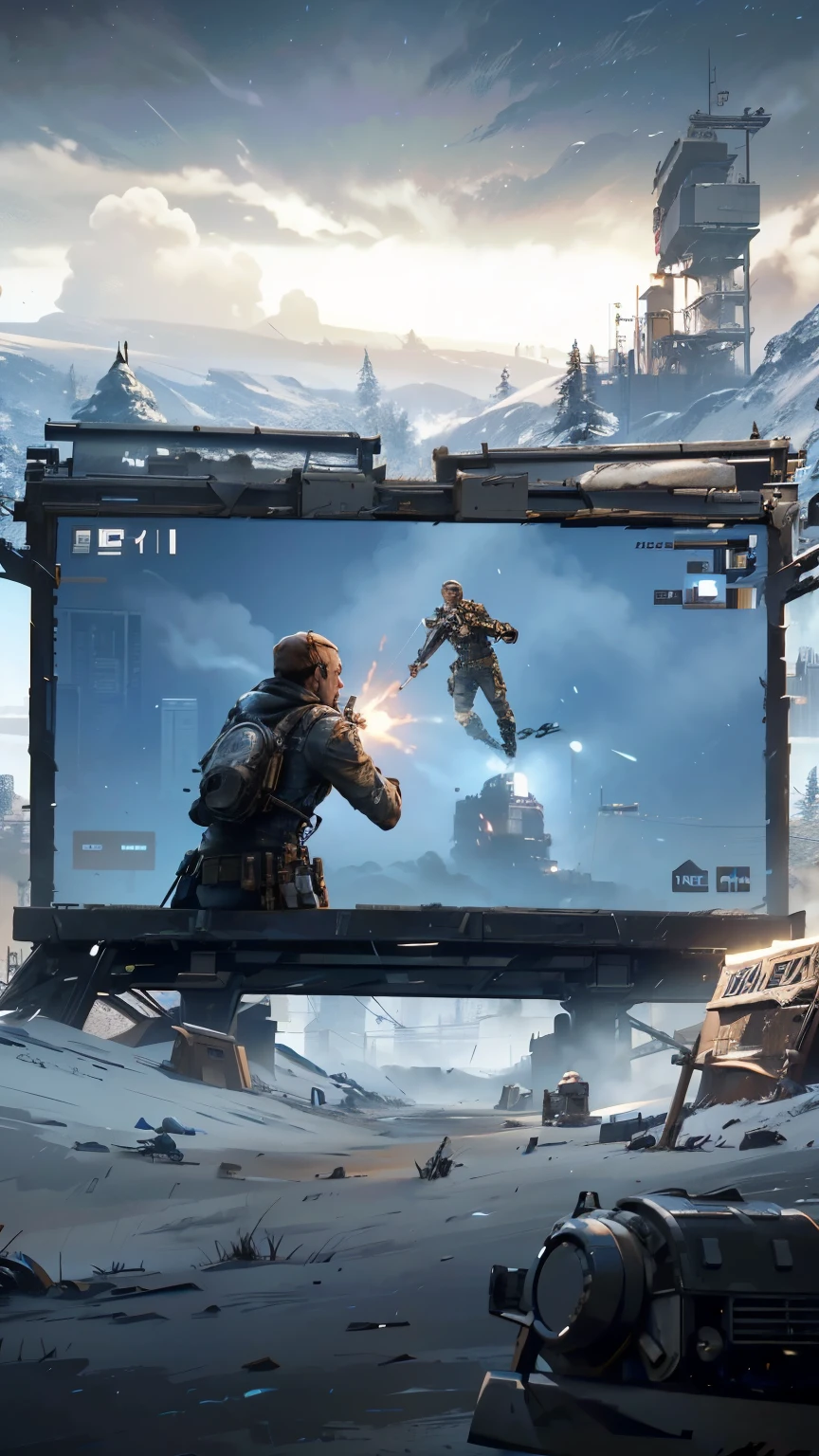 arafed image of a man shooting a gun in front of a billboard, gameplay screenshot with ui, screenshot from game, mobile game style, gameplay still, game screens hot, pc game with ui, gameplay, mobile game, fps game concept, gameplay footage, fps game concept art, screenshot from the game, frostpunk, game ui, video game screenshot>