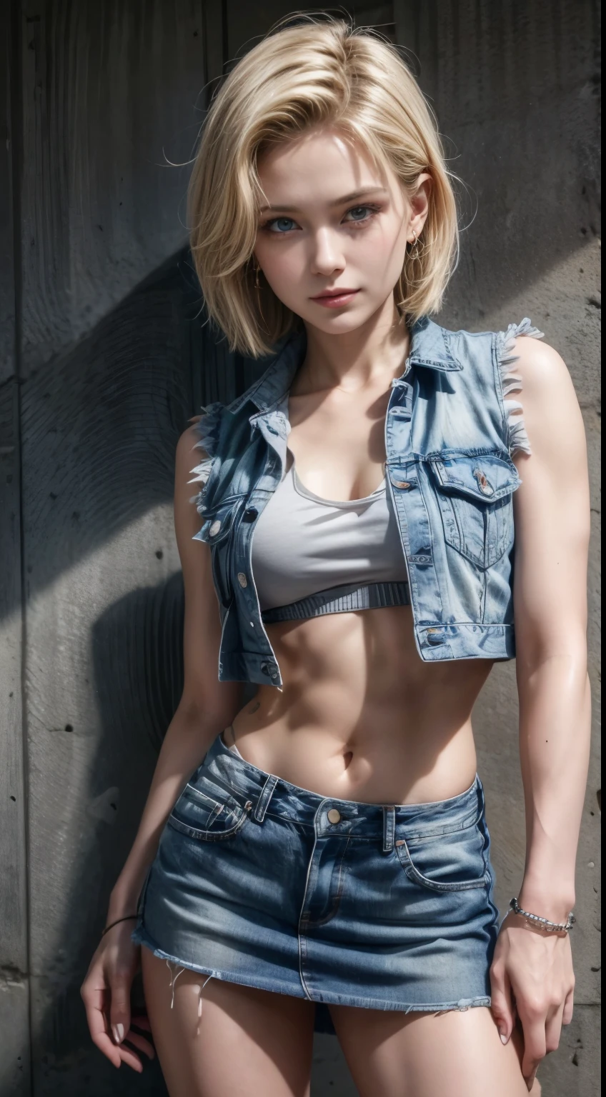 Best Quality, hight resolution, and18, 1girl in, Android 18, Solo, Blonde hair, Blue eyes, Short hair, Lovely smile,earrings, Jewelry, Denim Vest, open vest, Black Sports Bra, Jeans miniskirt, Blue mini skirt, tiny chest, Cowboy Shot, Pose with your buttocks sticking out and turning around,Street, (Externally expanded Chest: 1.2)