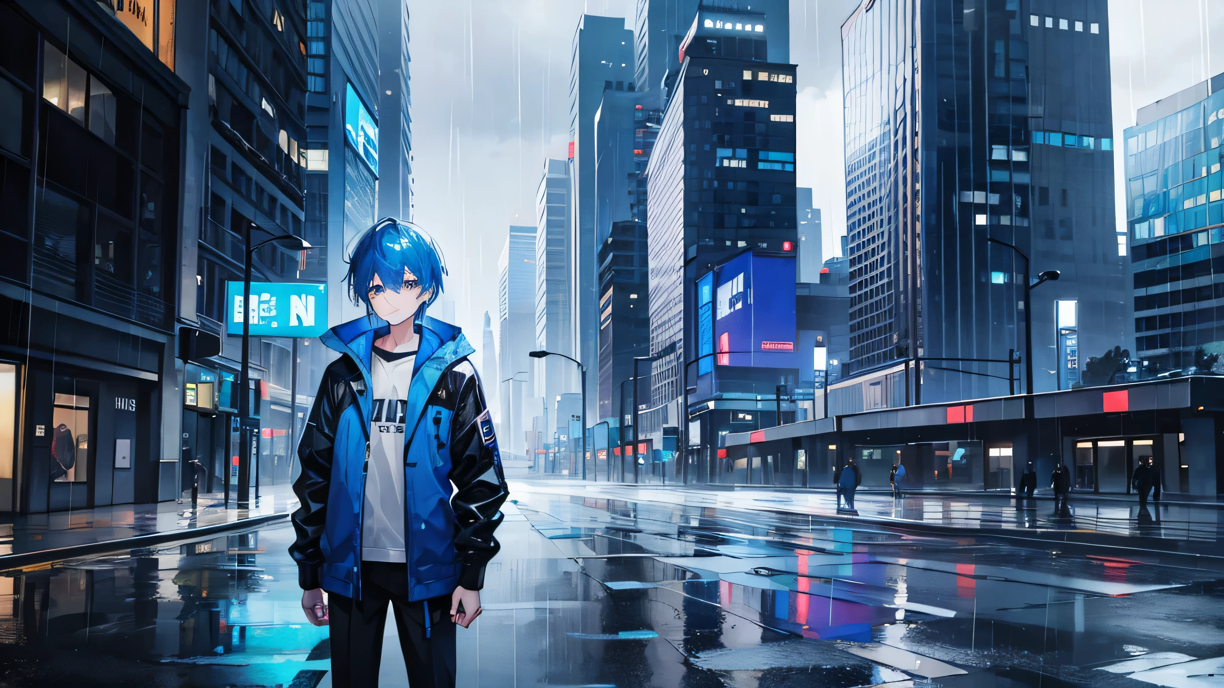 Boy Blue Hair with Black / BLUE Jacket in The Future city, rain