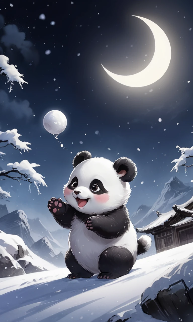 8k, masterpiece, best quality, 2D, Cinematic Lighting, (side lighting), traditional chinese ink painting, looking at viewer,
1 (white:0.5|black:0.5) (Baby:1.2)_panda, the Baby_panda is tossing up a white snow ball like a Earth, smile,
background is a big (crescent:1.2)_moon in the night sky,
ink,  