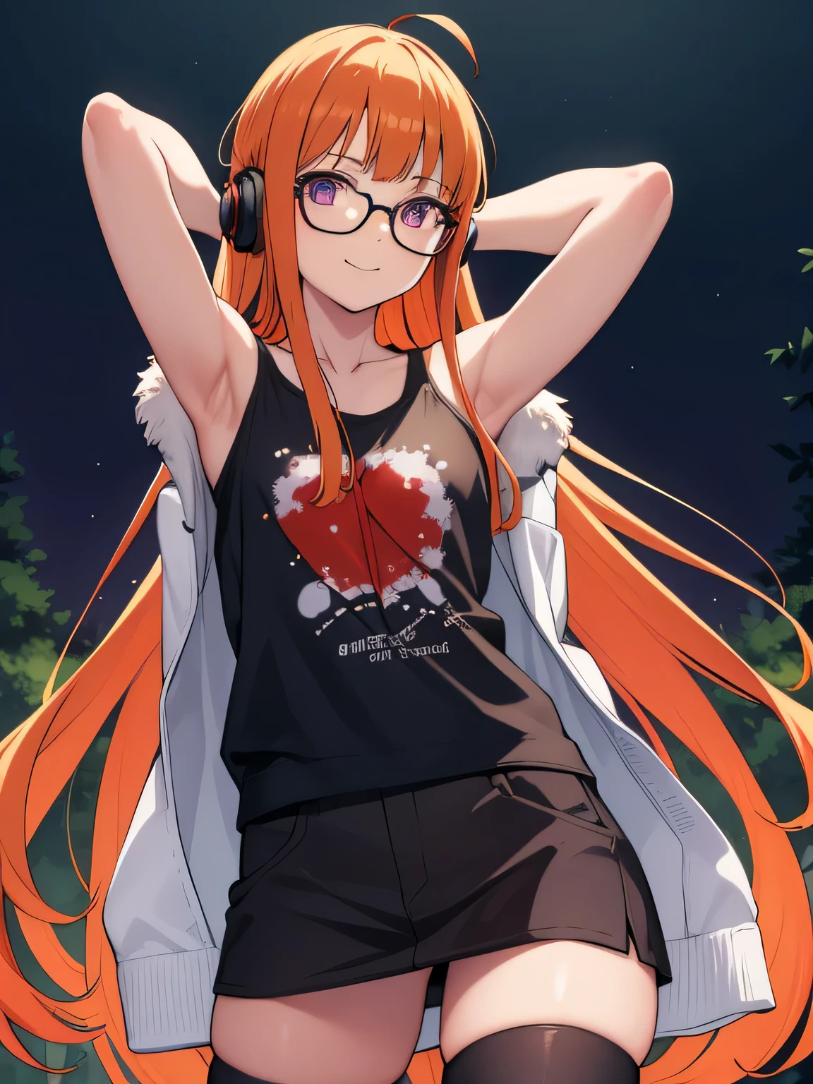 futabasakura, futaba sakura, orange hair, glasses, long hair, (purple eyes:1.1), ahoge,
behind-the-head headphones, black thighhighs, fur trim, fur-trimmed jacket, green jacket, headphones, jacket, off shoulder, off-shoulder shirt, shirt, t-shirt, thighhighs, looking at viewer, forest, dark sky, contrapposto, smile, spread armpits, cowboy shot, sleeveless, arms behind head, (masterpiece:1.2), best quality, (illustration:0.8), (beautiful detailed eyes:1.6), extremely detailed face, perfect lighting, extremely detailed CG, (perfect hands, perfect anatomy), younger,