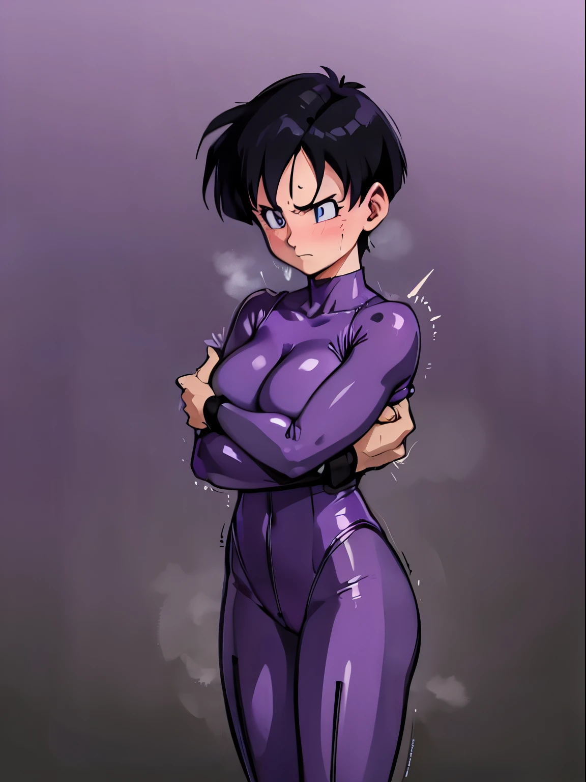 videl,1 girl,alone,((bright purple tight suit,:1.4)),barefoot,bare hands,((being hugged by an old man:1.4)),blush,embarrassing,shy,serious face,blue eyes,Sweat,black hair,spike hair,boyish girl,big breasts,prison,sigh,