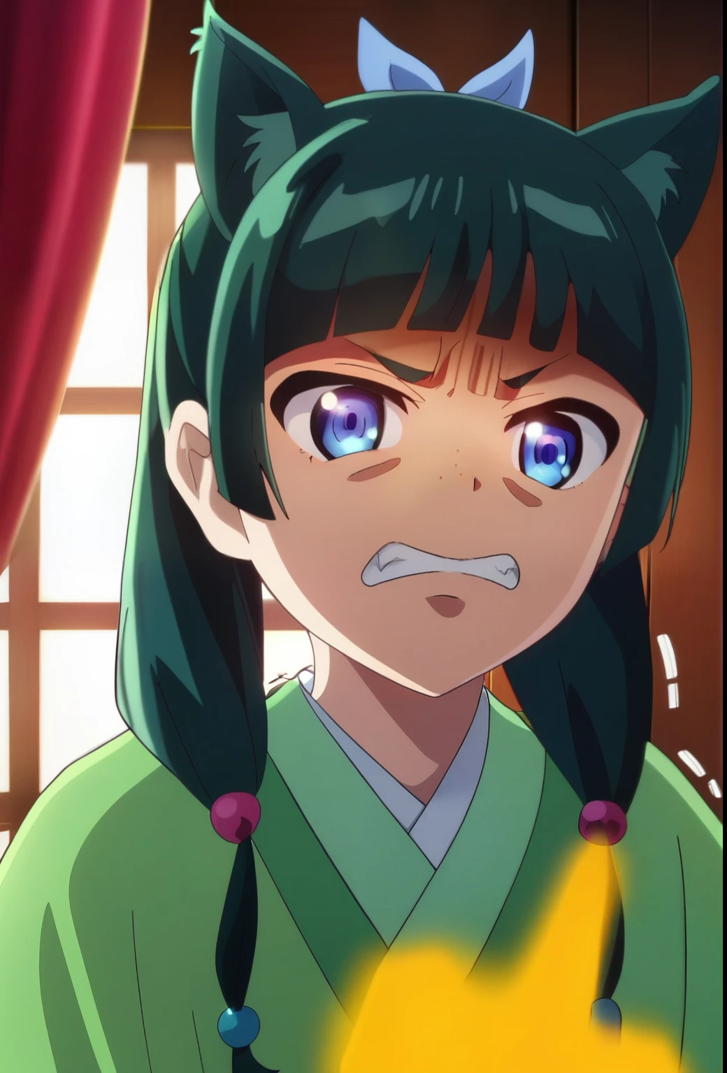 1girl, maomao, solo, green hair, long hair, blue eyes, BREAK
pov hand, maomao, animal ears, blunt bangs, clenched teeth, shaded face, teeth, yellow liquid, yellow liquid on two fingers, trembling, wooden door, sliding doors, freckles, light green hanfu, default clothes, chinese clothes, long sleeves, default hairstyle, hair ribbon, blue ribbon, sidelocks, hair beads, hair over shoulder, disgust, low twintails, BREAK
score_9, score_8_up, score_7_up, score_6_up, anime, BREAK
(high quality, detailed, beautiful), shiny, detailed beautiful eyes, outstanding, countershading, detailed soft lighting