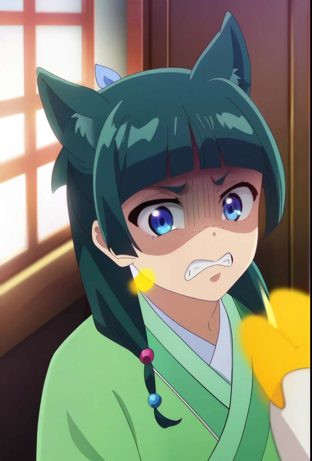 1girl, maomao, solo, green hair, long hair, blue eyes, BREAK
pov hand, maomao, animal ears, blunt bangs, clenched teeth, shaded face, teeth, yellow liquid, yellow liquid on two fingers, trembling, wooden door, sliding doors, freckles, light green hanfu, default clothes, chinese clothes, long sleeves, default hairstyle, hair ribbon, blue ribbon, sidelocks, hair beads, hair over shoulder, disgust, low twintails, BREAK
score_9, score_8_up, score_7_up, score_6_up, anime, BREAK
(high quality, detailed, beautiful), shiny, detailed beautiful eyes, outstanding, countershading, detailed soft lighting