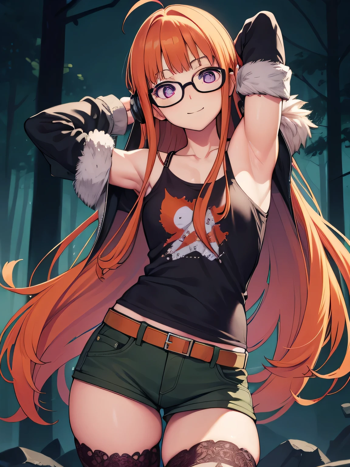 futabasakura, futaba sakura, orange hair, glasses, long hair, (purple eyes:1.1), ahoge,
behind-the-head headphones, black thighhighs, fur trim, fur-trimmed jacket, green jacket, headphones, jacket, off shoulder, off-shoulder shirt, shirt, t-shirt, thighhighs, looking at viewer, forest, dark sky, contrapposto, smile, spread armpits, cowboy shot, sleeveless, arms behind head, (masterpiece:1.2), best quality, (illustration:0.8), (beautiful detailed eyes:1.6), extremely detailed face, perfect lighting, extremely detailed CG, (perfect hands, perfect anatomy), younger,