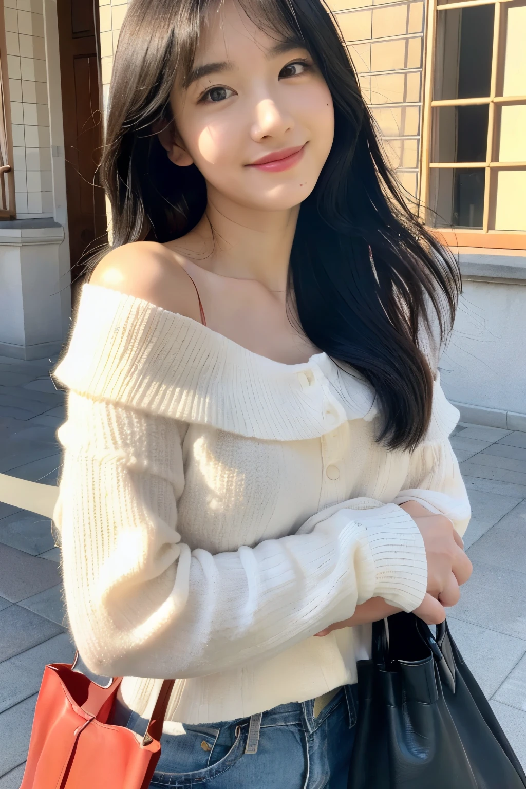 (Highest image quality, masterpiece,University buildings,Natural light,upper body composition,perfect face,look at the camera)She is Japan woman。 26 years old。round face。She has arched eyebrows、sharp eyes、tear bag、long upper eyelashes、long lower eyelashes、high nose、and have thin lips。There's light in her eyes、It's sparkling。her cheeks are a little red。She looks happy。her hair is soft black。It's a bangs.。her skin is white and clear。I have a mole。She is wearing a gray long-sleeved off-shoulder knit top.。she wears white jeans bottoms。she has a tote bag。