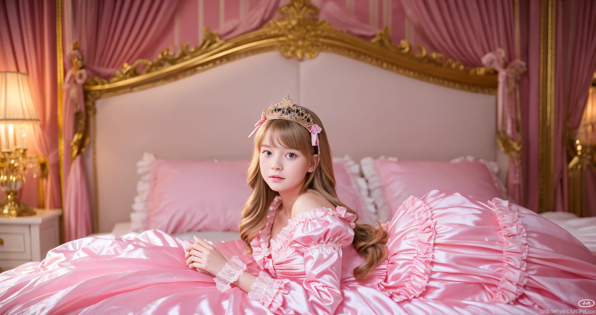 ,highest quality, masterpiece, highest resolution, artwork, super それにget used to it, many get used to it, get used to it, それにget used to it, 3K realistic photos,,(( When I was 10 years old)),Super detailed baby face,She is a princess,Full length ball gown dress with hoop skirt,ruffle yoke collar,puff sleeves,long sleeve,((lolita style hot pink princess satin dress、Comes with lots of frills and ribbons。)),colorful rococo fashion,shiny satin dress,Soft and smooth fabric,luxury,long blonde hair,blue eyes,white skin european,pajamas,((inside the palace)),,,(( When I was 10 years old)),Super detailed baby face,Full length ball gown dress with hoop skirt,long skirt,ruffle yoke collar,puff sleeves,腰まで伸びるlong blonde hair,blue eyes,white skin european,pajamas,((inside the palace bedroom)),ピンクのシルクサテンのluxuryなcanopy bedの上,canopy bed,luxurious curtains under the canopy,many frilly pillows on the bed,super detailed background,detailed bed,romantic atmosphere,little princess is lying on the bed,read picture books,the dress is spread across the bed,soft pink silk satin comforter,