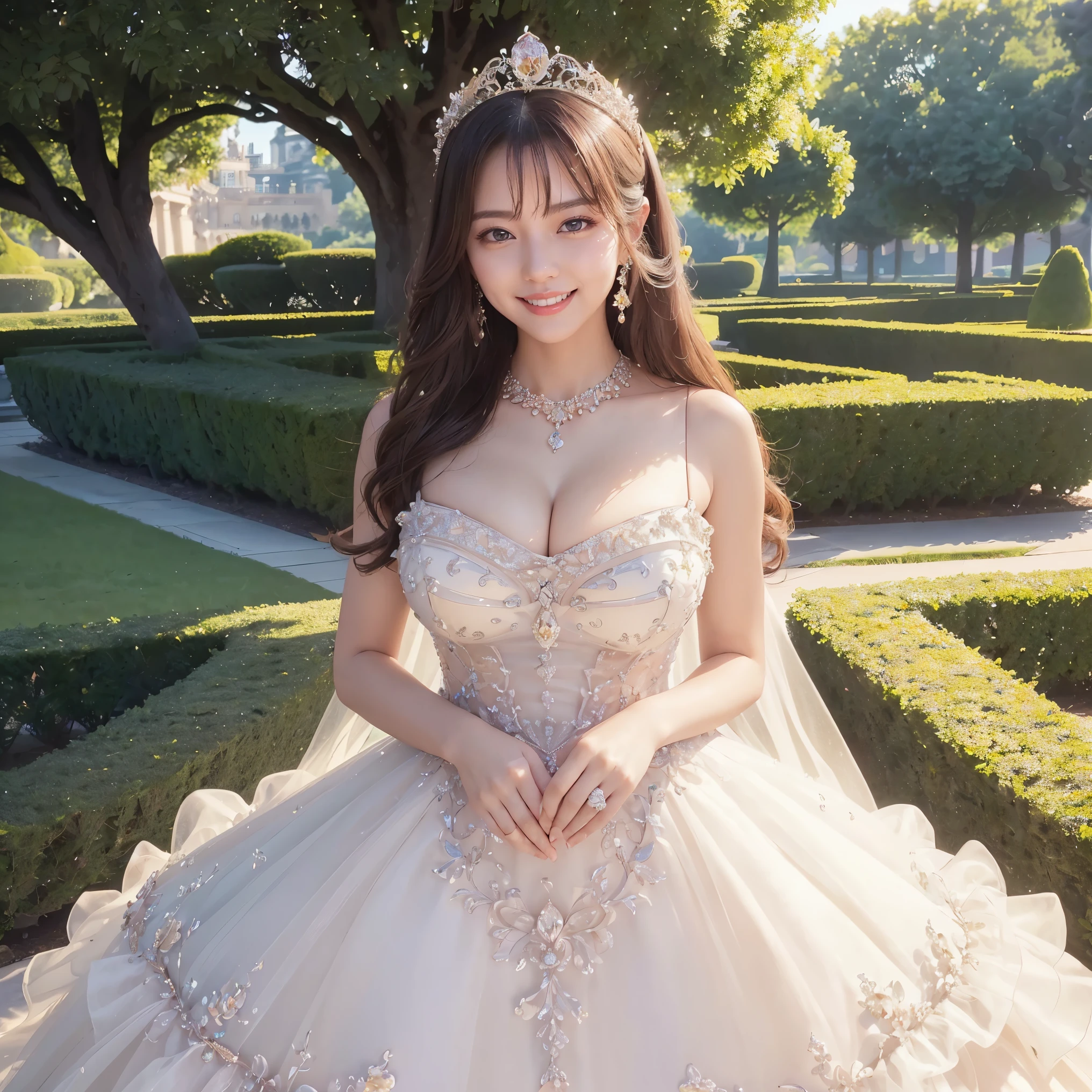 (highest quality、masterpiece、8K、best image quality、hyper realism、Award-winning work)、1 princess、(Alone:1.1)、(The most extravagant and exclusive sheer transparent tight princess dress:1.1)、(Tight, sheer, high-end princess dress with a perfect fit:1.1)、perfect and accurate princess dress、(Bright and shining transparent jewelry dress:1.1)、giant jewelry tiara、luxury transparent lace、(The most luxurious and highest quality giant tiara:1.1)、(The most luxurious and highest quality giant necklace:1.1)、A luxurious dress studded with jewels、(Upper body photo of a woman standing elegantly:1.2)、(glamorous body:1.1)、big breasts、big ass、Glamorous and perfect body line、the biggest smile looking at me、(accurate anatomy:1.1)、(The exterior of a beautiful and large luxury palace:1.4)、(blurred background:1.1)、(Inspired by the gardens of Versailles:1.1)、(Beautiful perfectly maintained flower garden:1.1)、(The finest palaces and beautiful gardens with flowers:1.1)、(The exterior of a beautiful, huge, Western-style palace of the highest quality:1.4)、(Exterior view of an elegant and majestic huge palace:1.2)、(Perfect and exclusive garden with beautiful flower beds:1.1)、(A regular and beautiful high-class flower bed:1.1)、(Cute flowers are arranged regularly:1.2)、(Beautiful and regular perfect luxury flower bed:1.2)、Beautifully manicured and perfect garden、A perfect garden maintained by a professional gardener、very bright and refreshing、(Beautiful skin that shines very brightly:1.1)、(very bright and vivid:1.3)、(Super high-definition bright and shiny skin:1.3)、Super high definition beautiful eyes、Super high definition perfect beautiful teeth