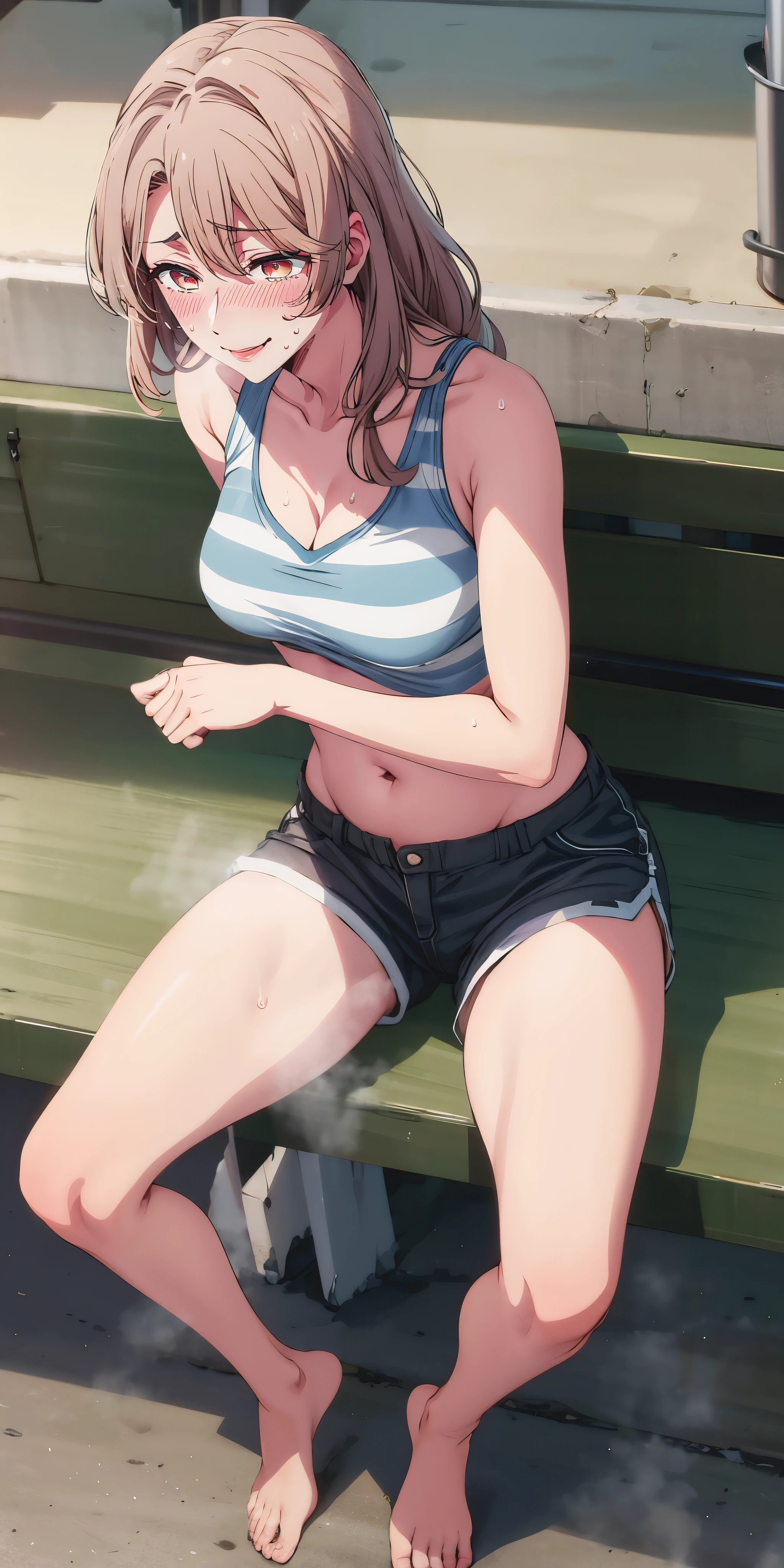 brown hair, long hair, eft_oshi_step, bangs, maroon eyes, curvy, anatomically correct, heavy breathing, 1girl, shorts, navel, breasts, barefoot, large_breasts, solo, short_shorts, striped, midriff, sitting,  collarbone, cleavage, blush, full_body, sweat,  hollow eyes, bright pupils, sweating, heavy breathing, steaming face, maroon eyes, seductiv smile, blush, lazy eyes, "Photorealistic, Hyperrealistic, Hyperdetailed, analog style, soft lighting, subsurface scattering, realistic, heavy shadow, masterpiece, best quality, ultra realistic, 8k, golden ratio, Intricate, High Detail, film photography, soft focus", sweating, steaming body, fog,