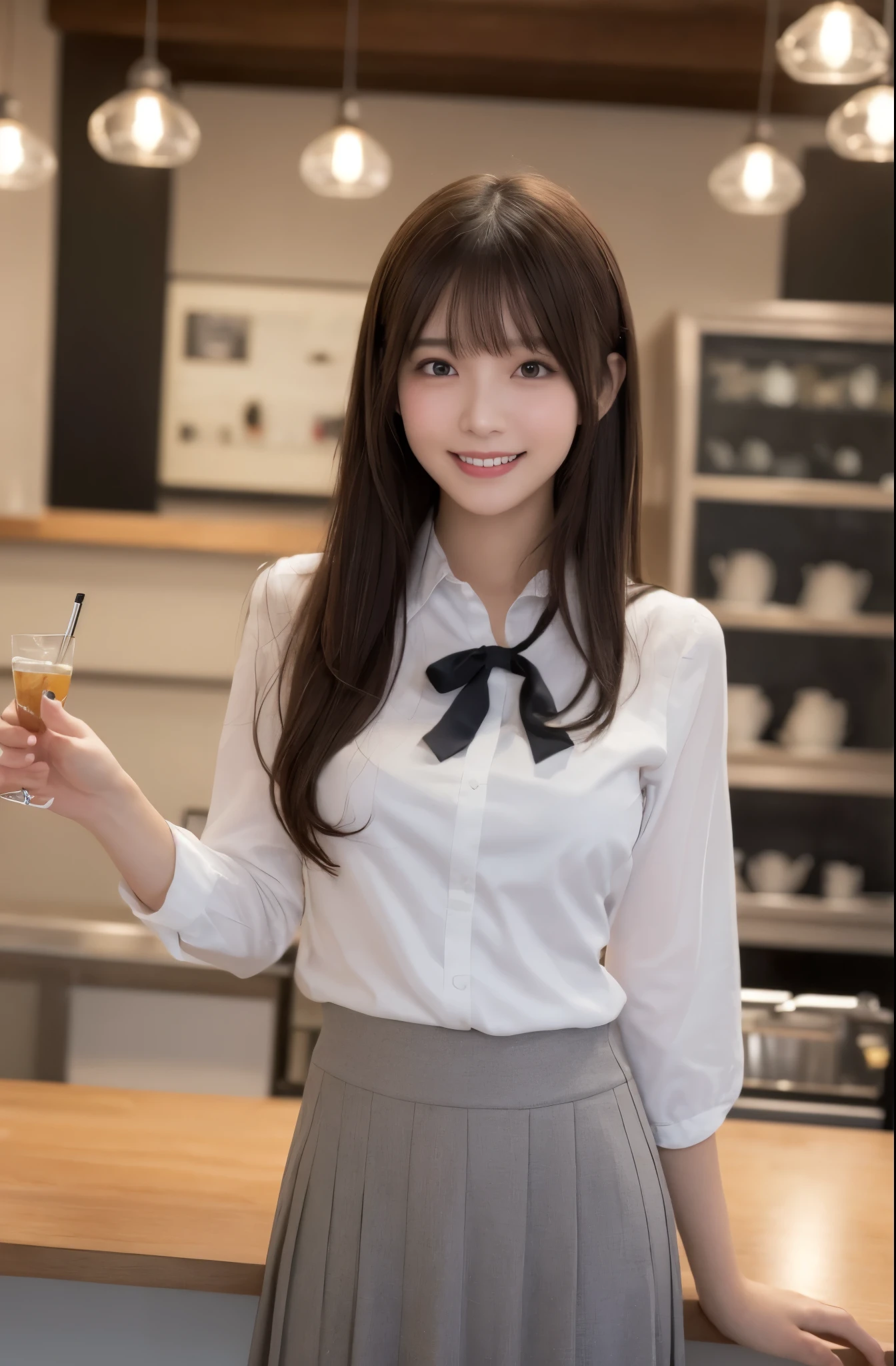 1 girl、(RAW Photos、Highest quality)、(Real、Photoreal:1.4)、Tabletop、Very delicate and beautiful、Very detailed、2k wallpaper、wonderful、Detailed、very detailedCG Unity 8K wallpaper、Super detailed、Age 27、((Grey waitress outfit))、flare skirt、Elegant skirt、Big Breasts、Perfect Style、Frills、ribbon、Soft Light、Beautiful detailed girl、Puff sleeves、Cafe waitress、smile、Happy Face、Cafe、coffee shop、Coffee Drip