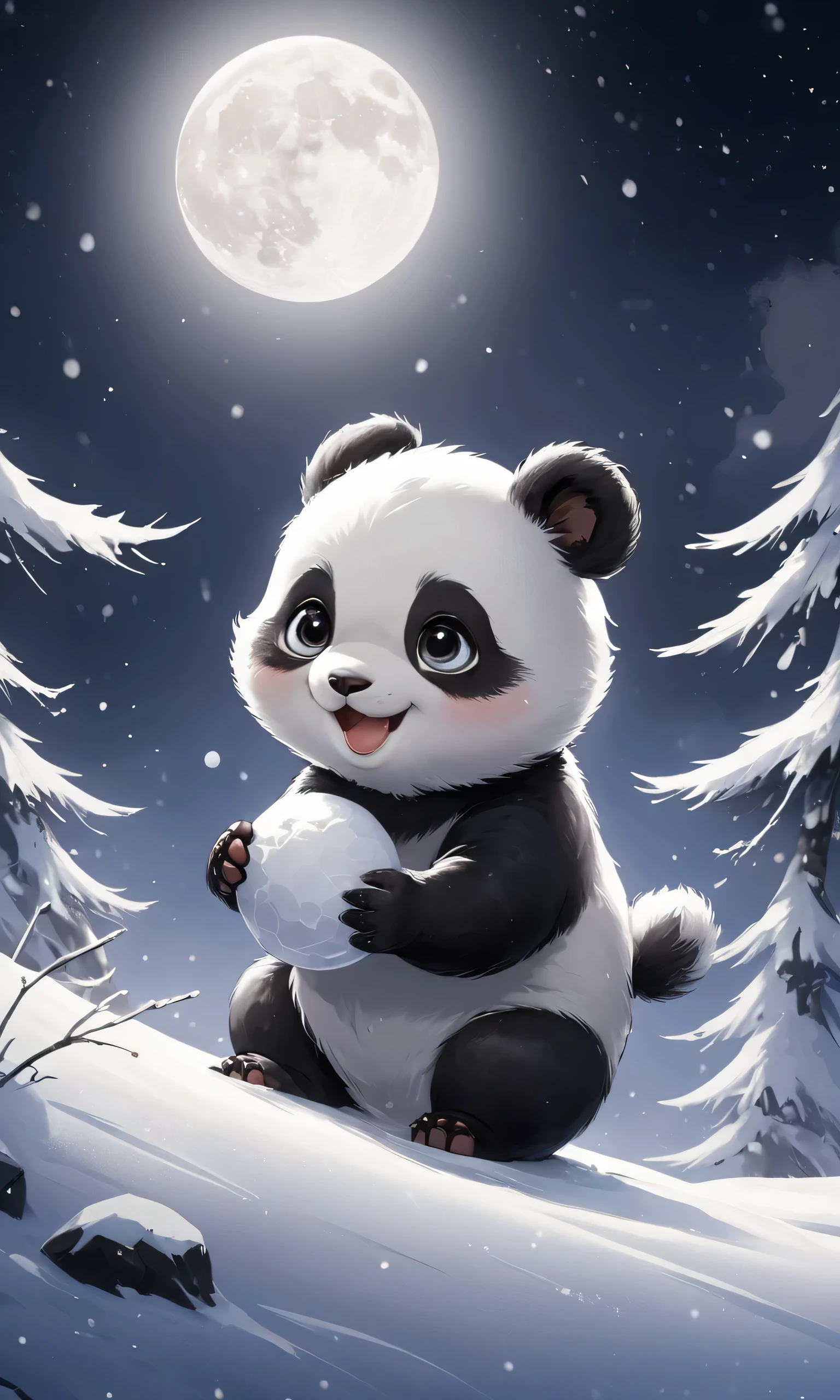 8k, masterpiece, best quality, 2D, Cinematic Lighting, (side lighting), traditional chinese ink painting, looking at viewer,
1 (white:0.5|black:0.5) (Baby:1.2)_panda, the Baby_panda is tossing up a white snow ball like a Earth, smile,
background is a big (crescent:1.2)_moon in the night sky,
ink,