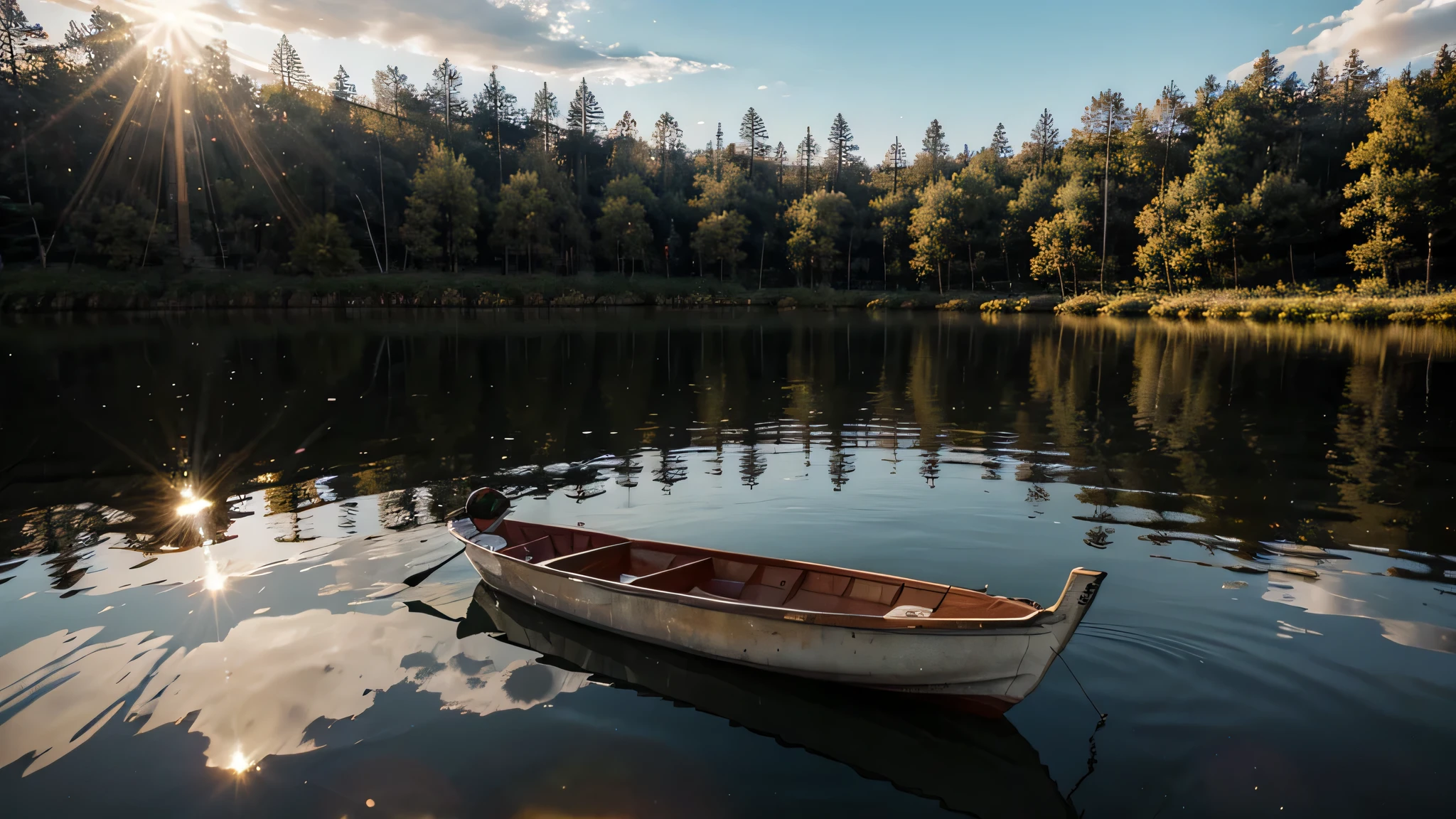 ((masterpiece, Best quality)), High resolution, 8K, cinematic light, high contrast, depth of field, intense glow, detailed background, dawn, lake, the sun is reflected in the water, fish jump out of the water,in the background a dense forest of birch oaks, the rising sun, white clouds in the sky