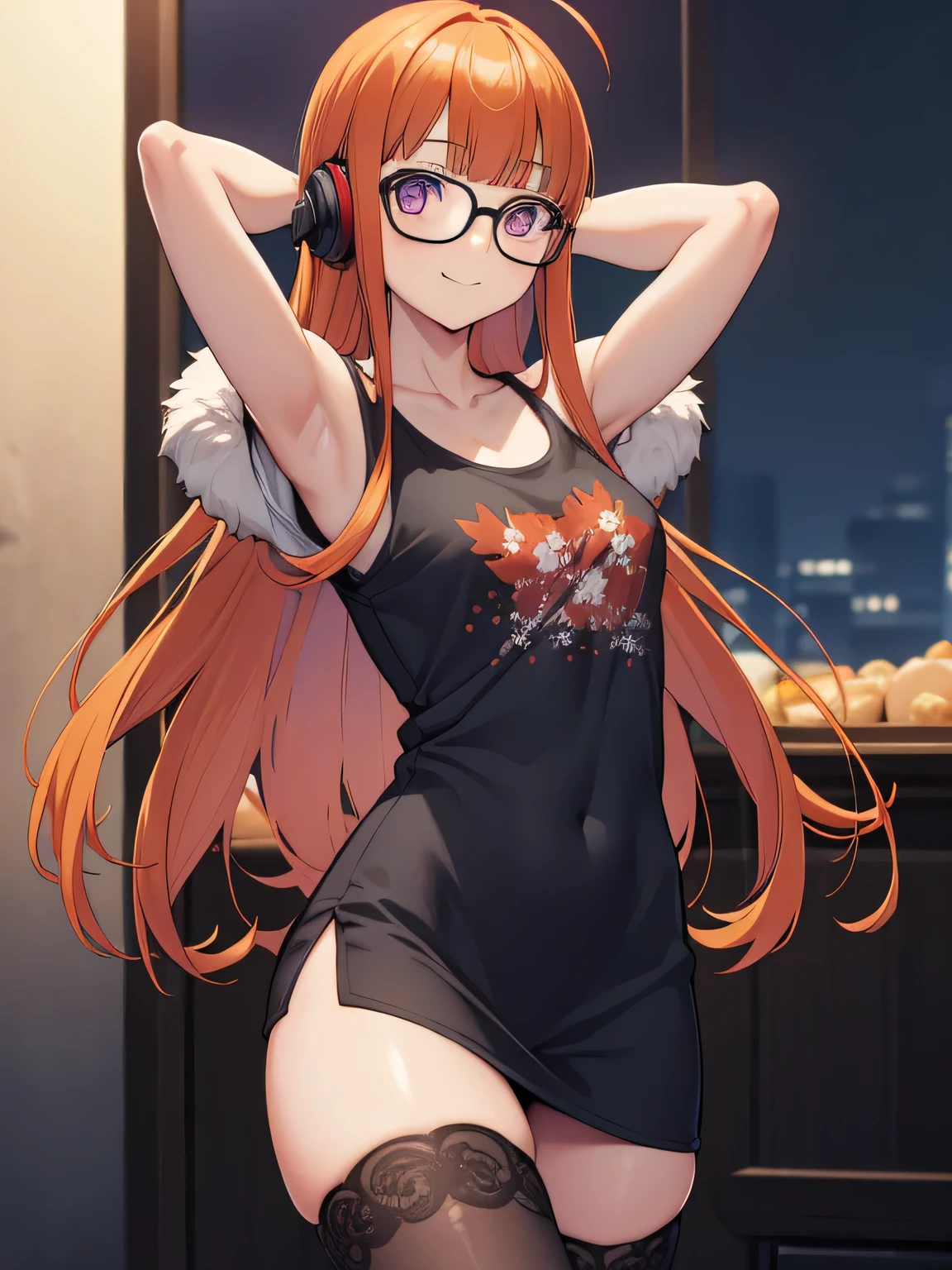 futabasakura, futaba sakura, orange hair, glasses, long hair, (purple eyes:1.1), ahoge,
behind-the-head headphones, black thighhighs, fur trim, fur-trimmed jacket, green jacket, headphones, jacket, off shoulder, off-shoulder shirt, shirt, t-shirt, thighhighs, looking at viewer, forest, dark sky, contrapposto, smile, spread armpits, cowboy shot, sleeveless, arms behind head, (masterpiece:1.2), best quality, (illustration:0.8), (beautiful detailed eyes:1.6), extremely detailed face, perfect lighting, extremely detailed CG, (perfect hands, perfect anatomy), younger,